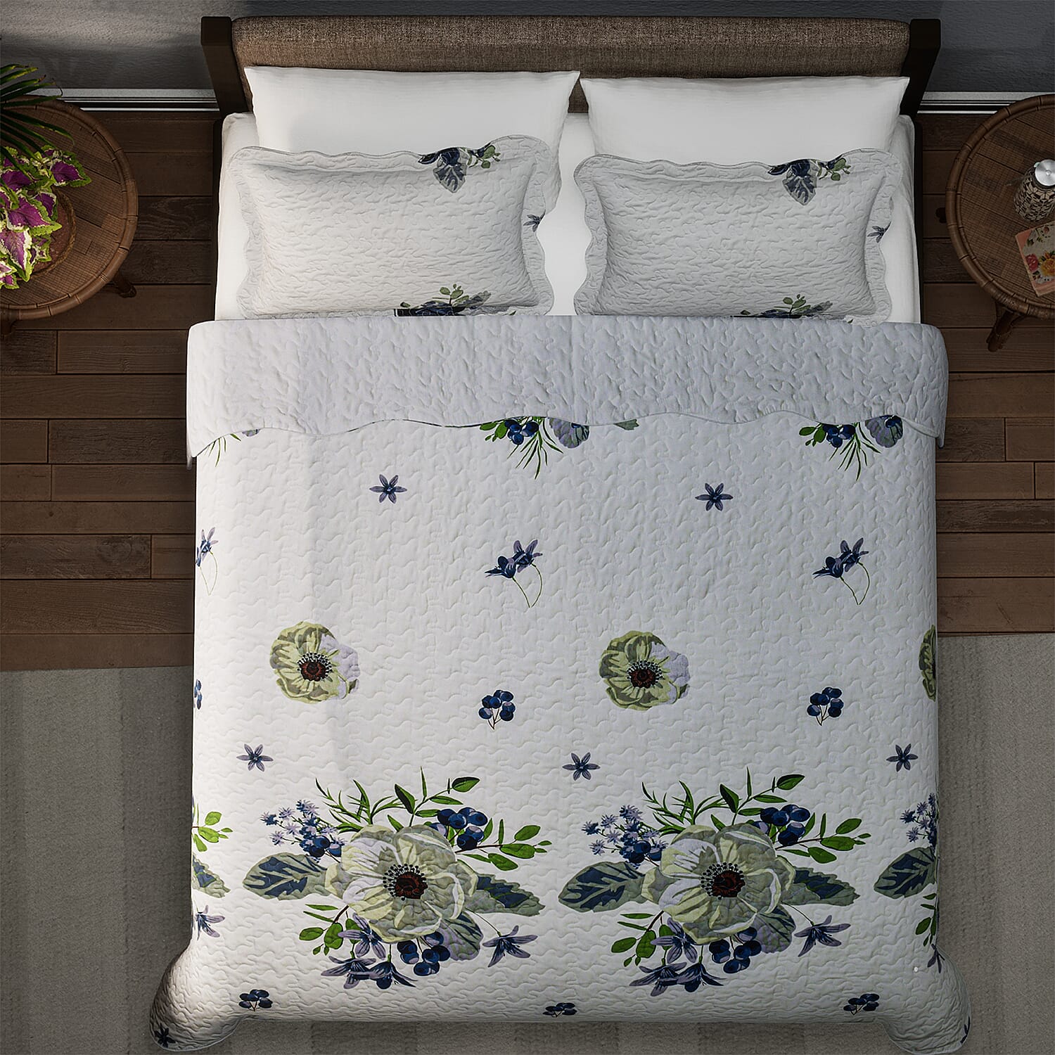 Flowers in Bloom- Quilt with 2 Pillowcases (Double Size) - White and Green