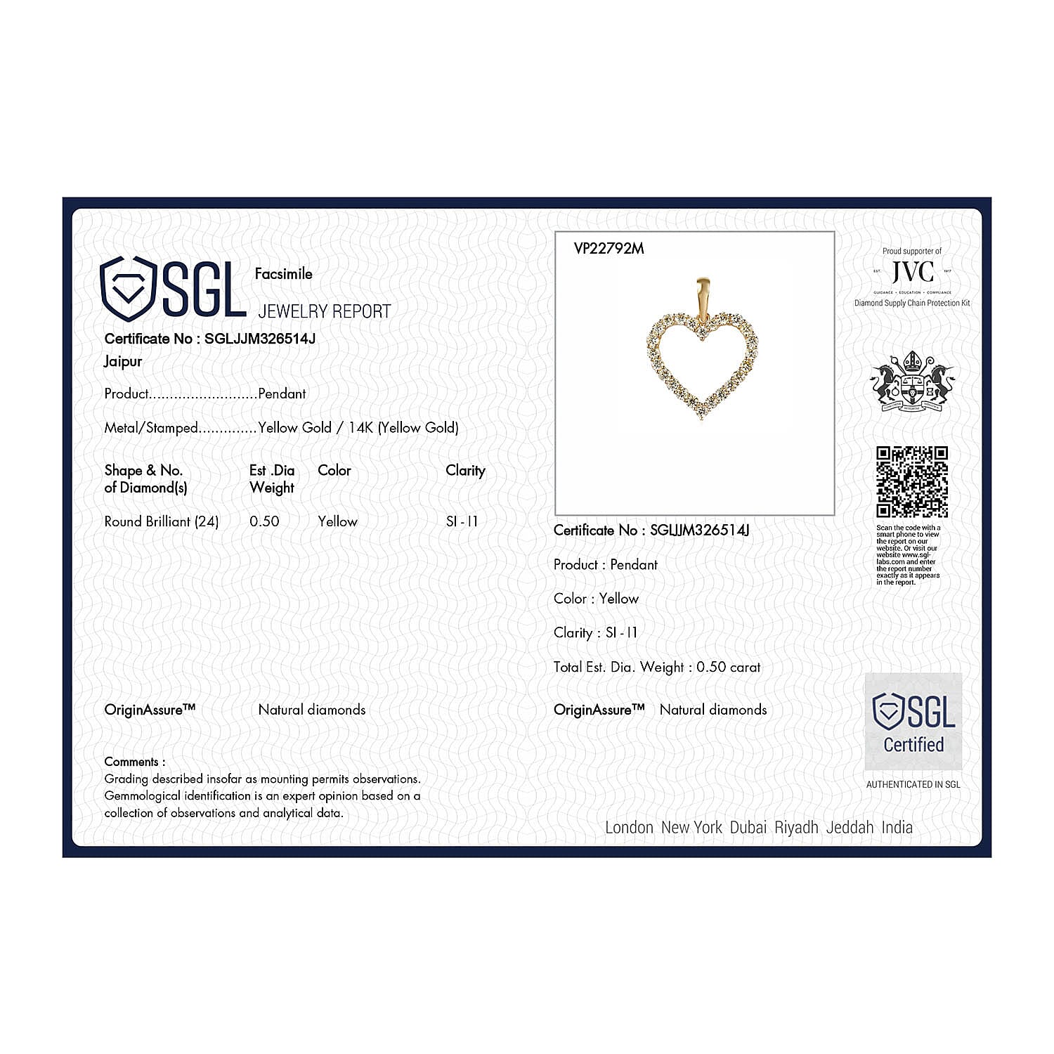 14K Yellow Gold SGL Certified Natural Yellow Diamond (SI-I1) Heart Pendant 0.50 Ct.