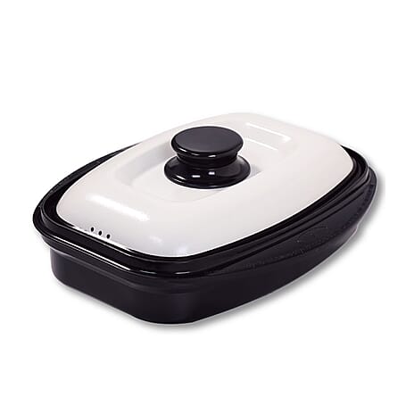 Rangemate Long Grill Multipurpose Microwave Pan - Quick, Healthy Grill, Steam, Brown, Sizzle, Stir Fry (Size 25x18x5 cm) - Black - White
