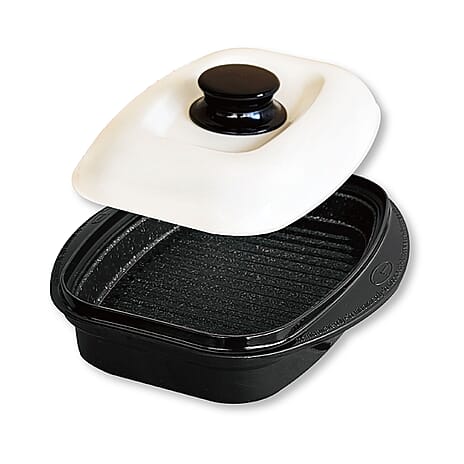 Rangemate Long Grill Multipurpose Microwave Pan - Quick, Healthy Grill, Steam, Brown, Sizzle, Stir Fry (Size 25x18x5 cm) - Black - White
