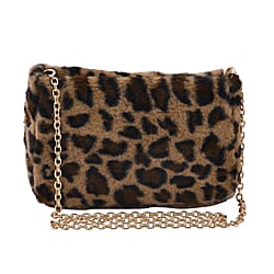 Leopard Pattern Faux Fur Shoulder Bag with Metal Chain - Beige
