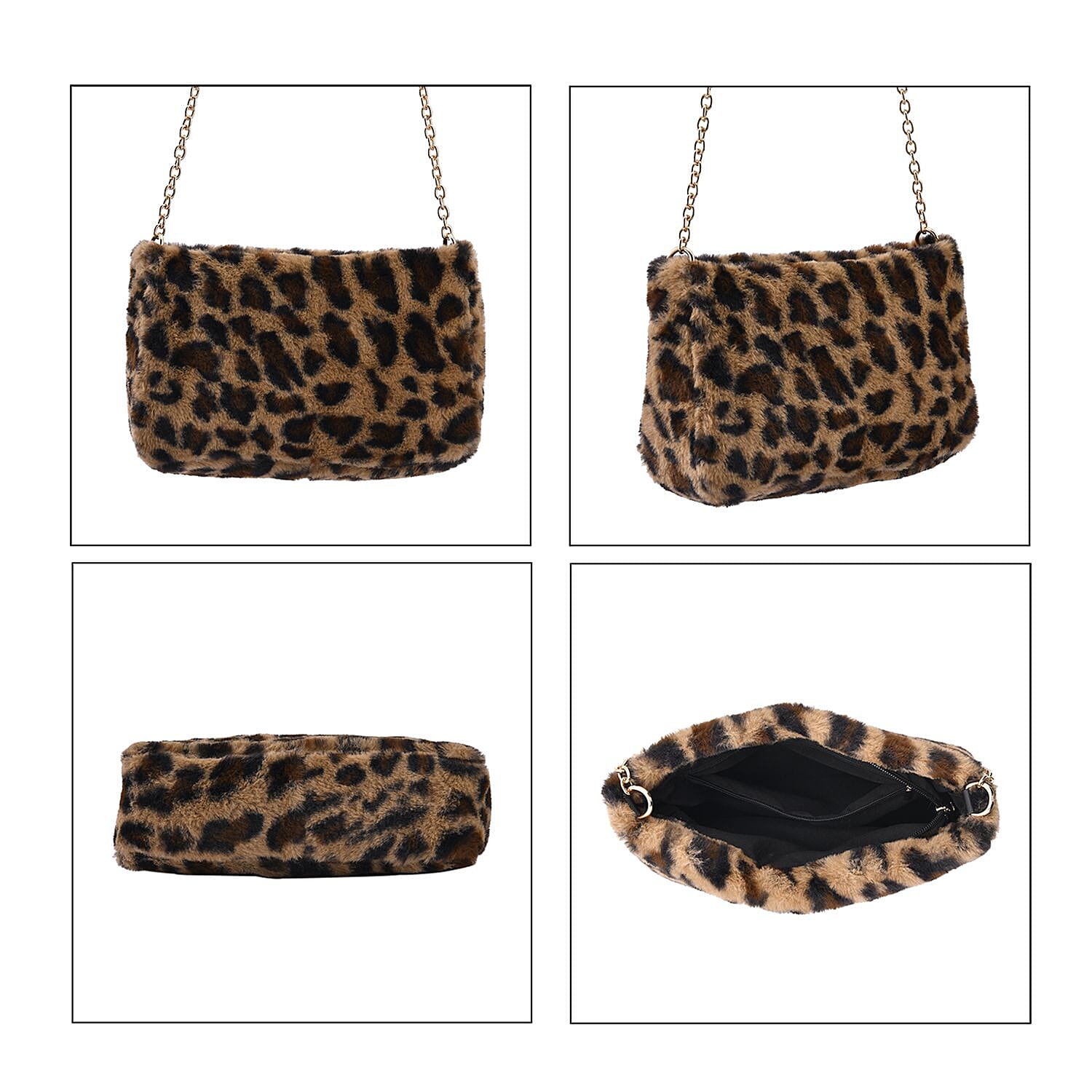 Leopard Pattern Faux Fur Shoulder Bag with Metal Chain - Black and White
