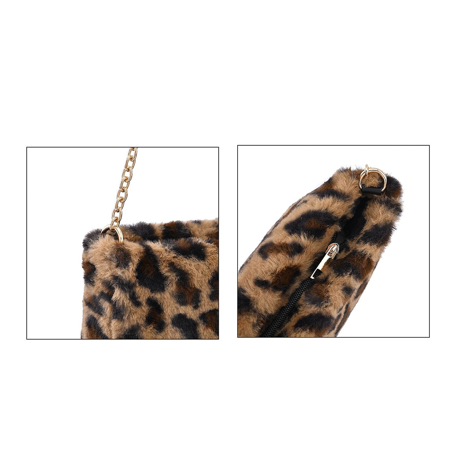 Leopard Pattern Faux Fur Shoulder Bag with Metal Chain - Black and White