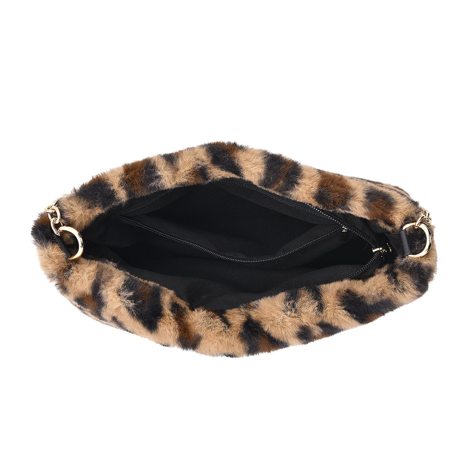 Leopard Pattern Faux Fur Shoulder Bag with Metal Chain - Black and White