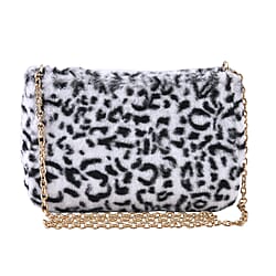 Leopard Pattern Faux Fur Shoulder Bag with Metal Chain - White