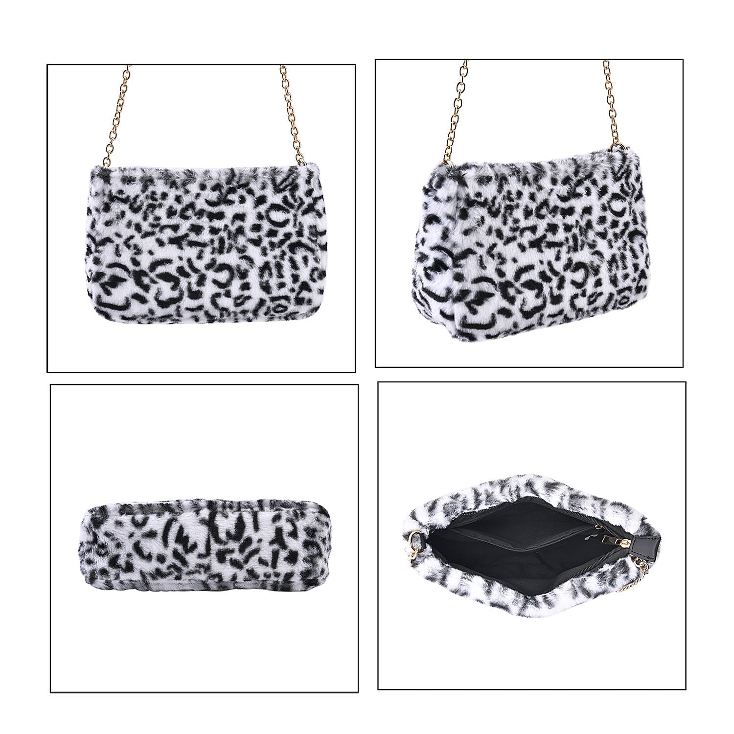 Leopard Pattern Faux Fur Shoulder Bag with Metal Chain - Beige and Black