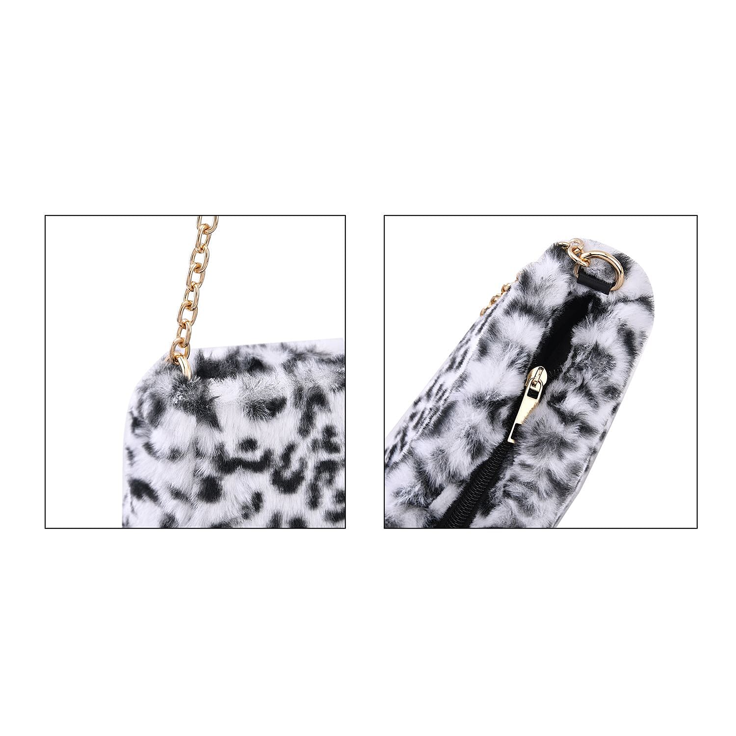 Leopard Pattern Faux Fur Shoulder Bag with Metal Chain - Beige and Black