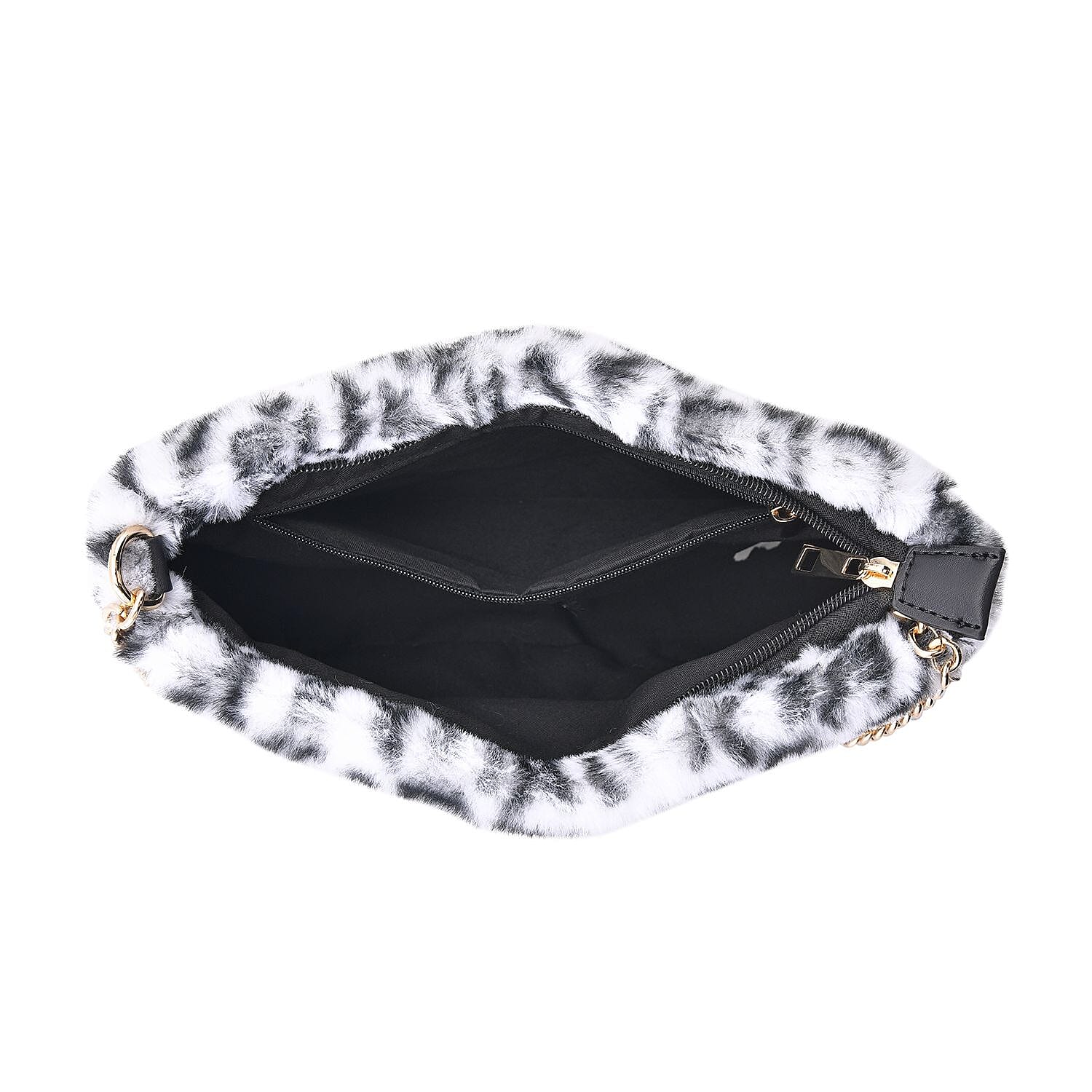 Leopard Pattern Faux Fur Shoulder Bag with Metal Chain - Beige and Black