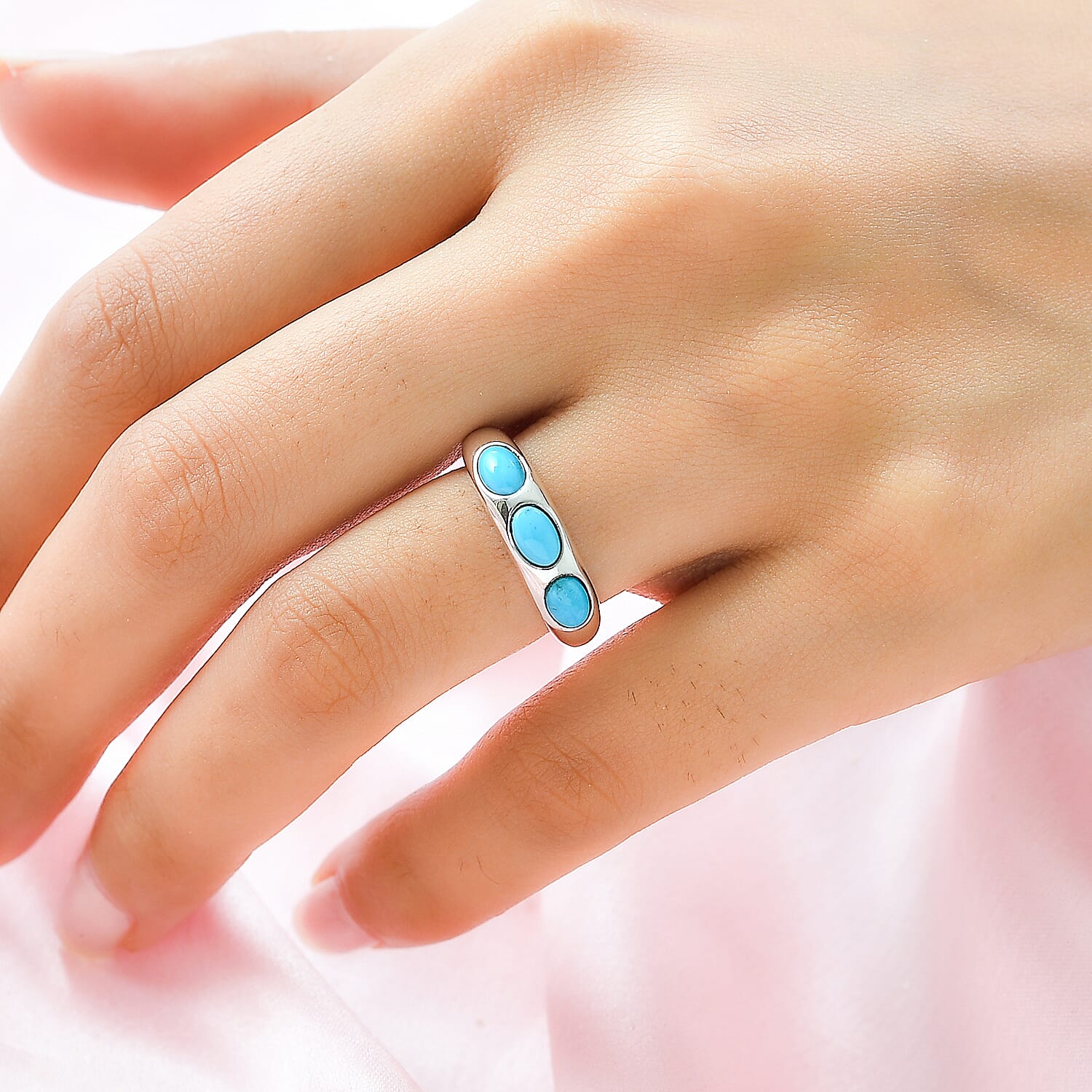Arizona Sleeping Beauty Turquoise 3 Stone Band Ring in Platinum Overlay Sterling Silver 1.32 Ct.