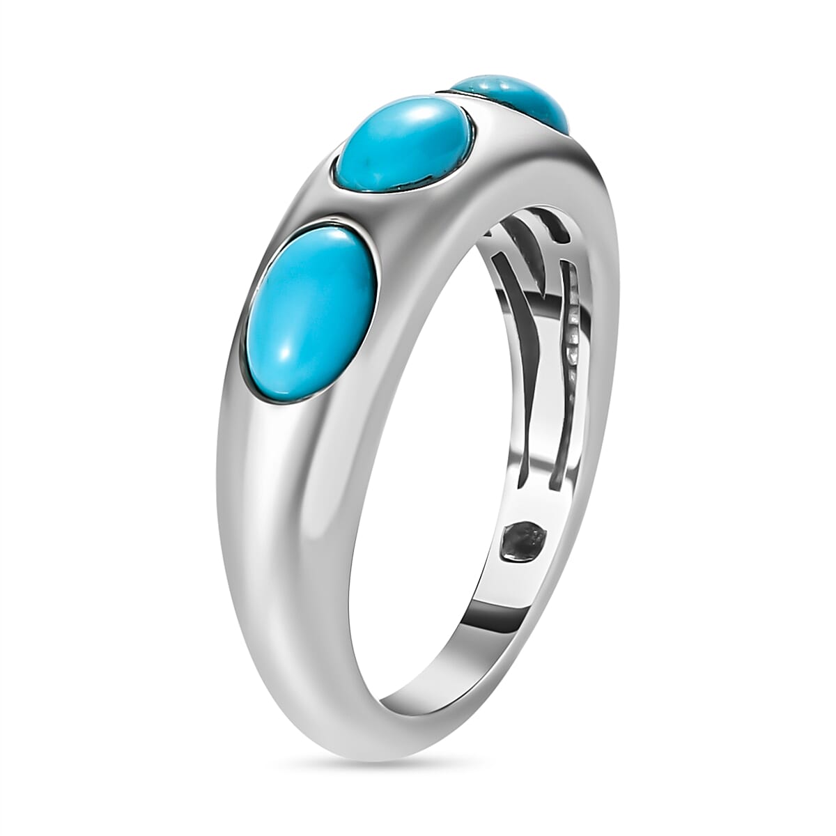 Arizona Sleeping Beauty Turquoise 3 Stone Band Ring in Platinum Overlay Sterling Silver 1.32 Ct.