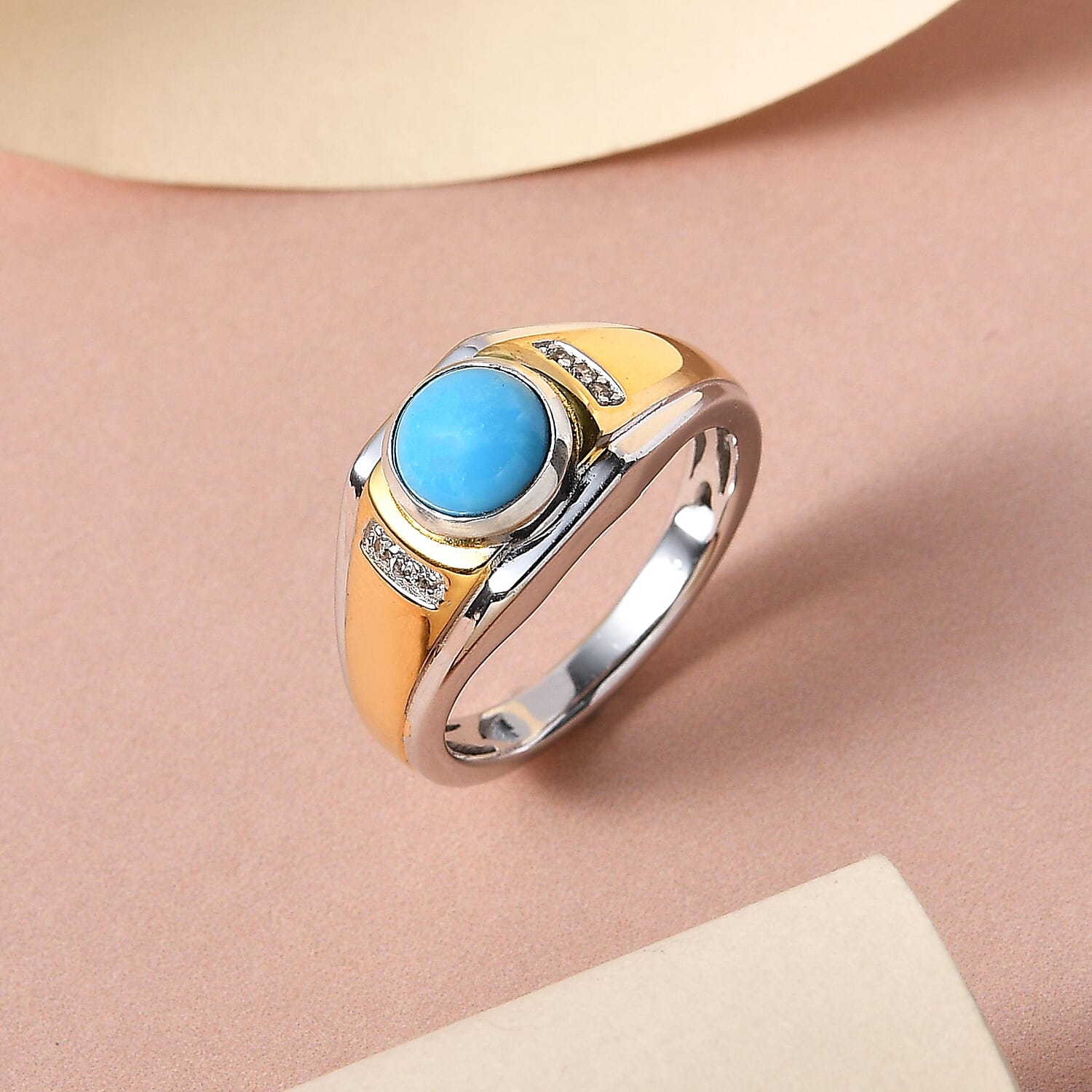Arizona Sleeping Beauty Turquoise and Natural Cambodian Zircon Ring With Platinum and 18K Vermeil Yellow Gold Overlay in Sterling  1.16 Ct.