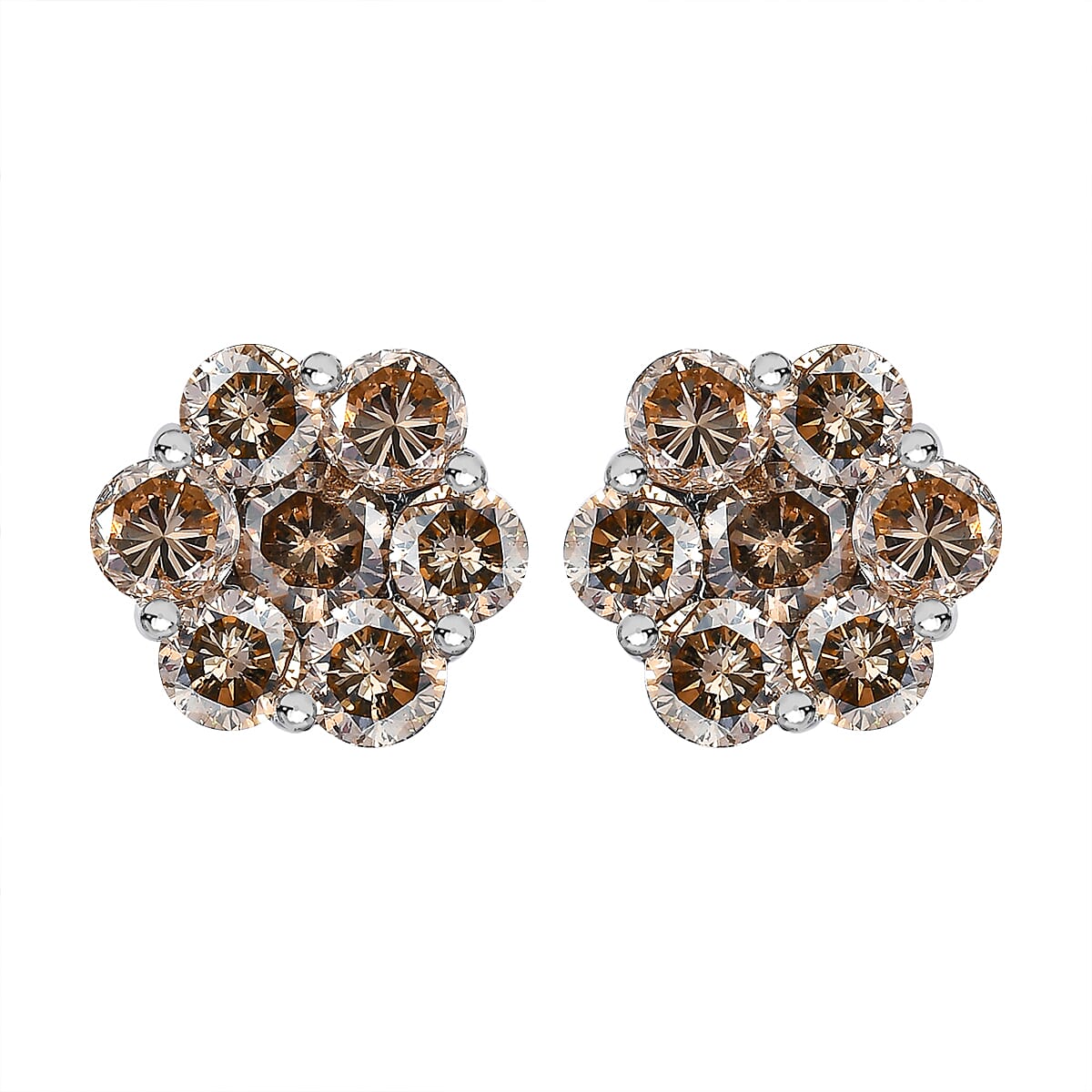 950 Platinum SGL Certified Champagne Diamond Floral Stud Earrings 2.00 Ct, Platinum Wt. 3.20 Gms