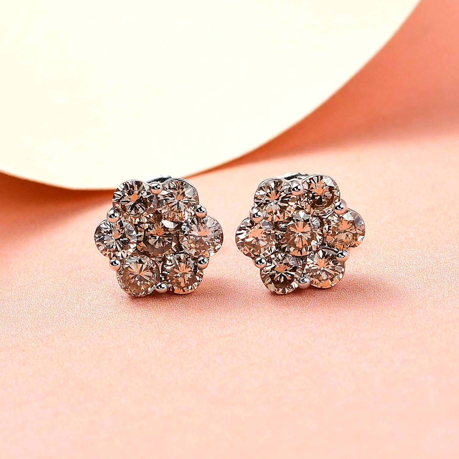 950 Platinum SGL Certified Champagne Diamond Floral Stud Earrings 2.00 Ct, Platinum Wt. 3.20 Gms