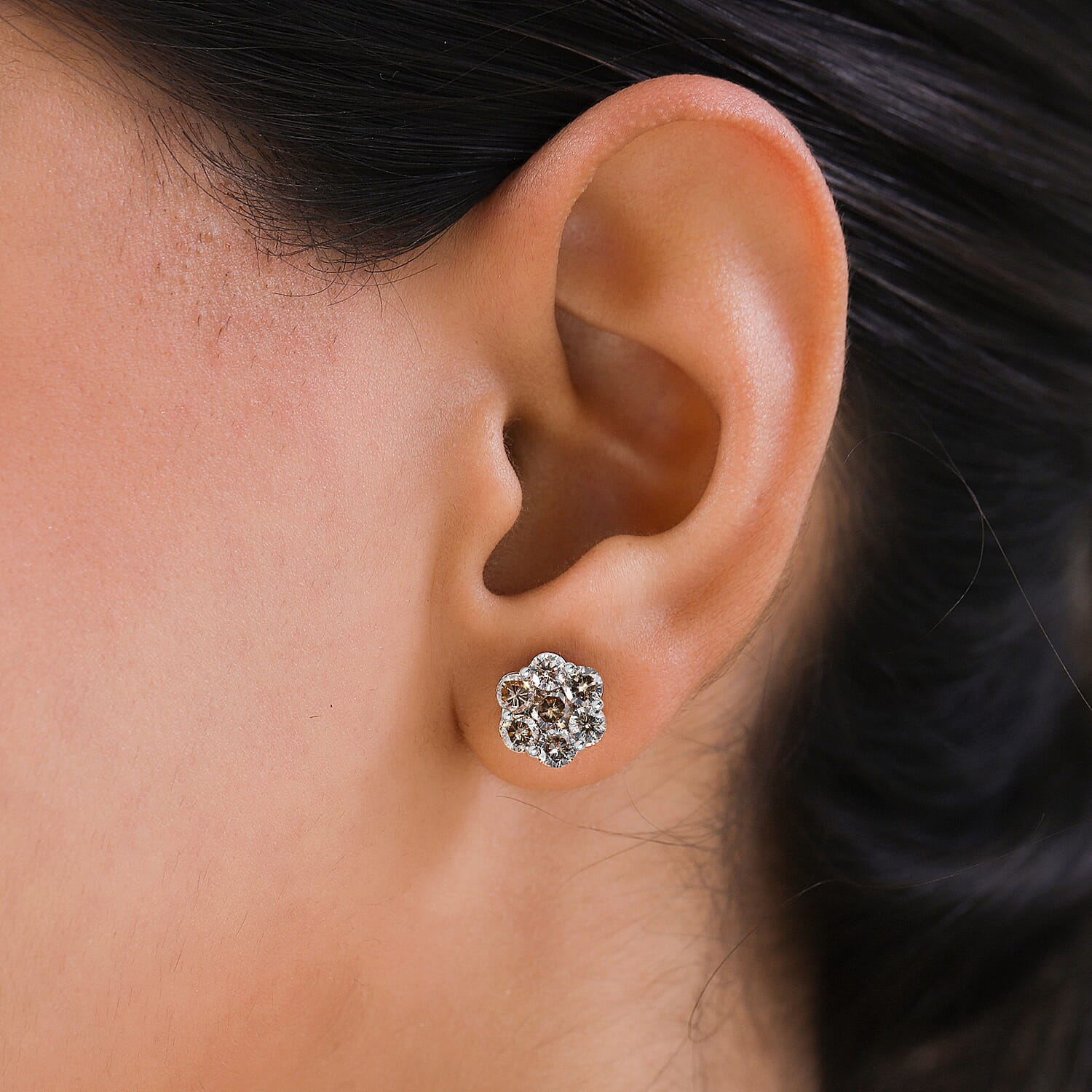 950 Platinum SGL Certified Champagne Diamond Floral Stud Earrings 2.00 Ct, Platinum Wt. 3.20 Gms