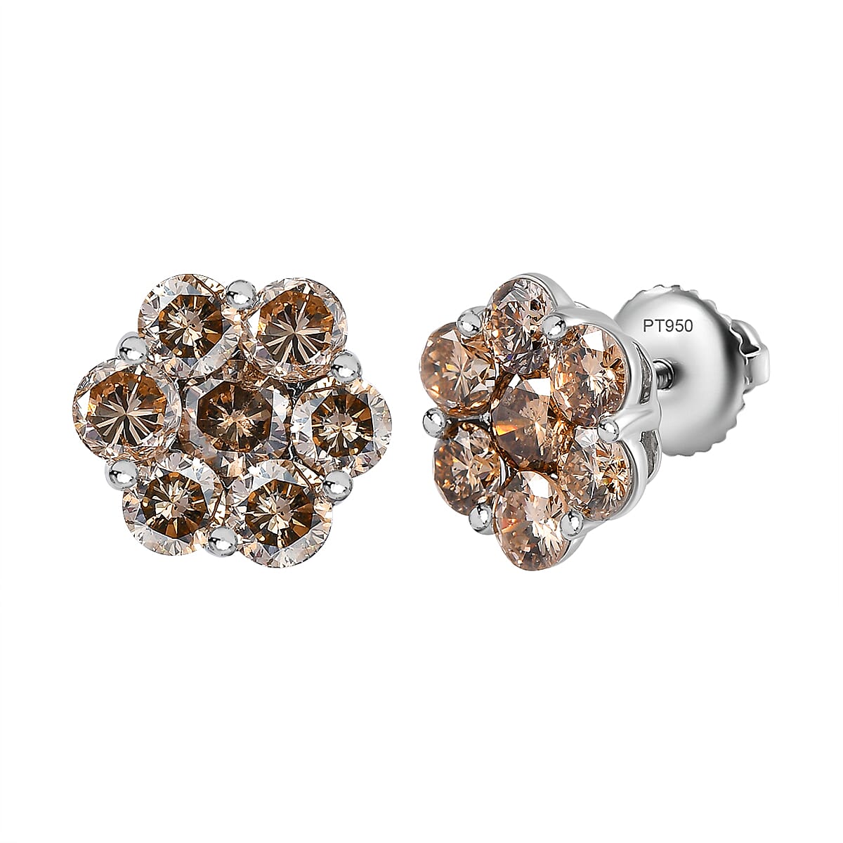 950 Platinum SGL Certified Champagne Diamond Floral Stud Earrings 2.00 Ct, Platinum Wt. 3.20 Gms