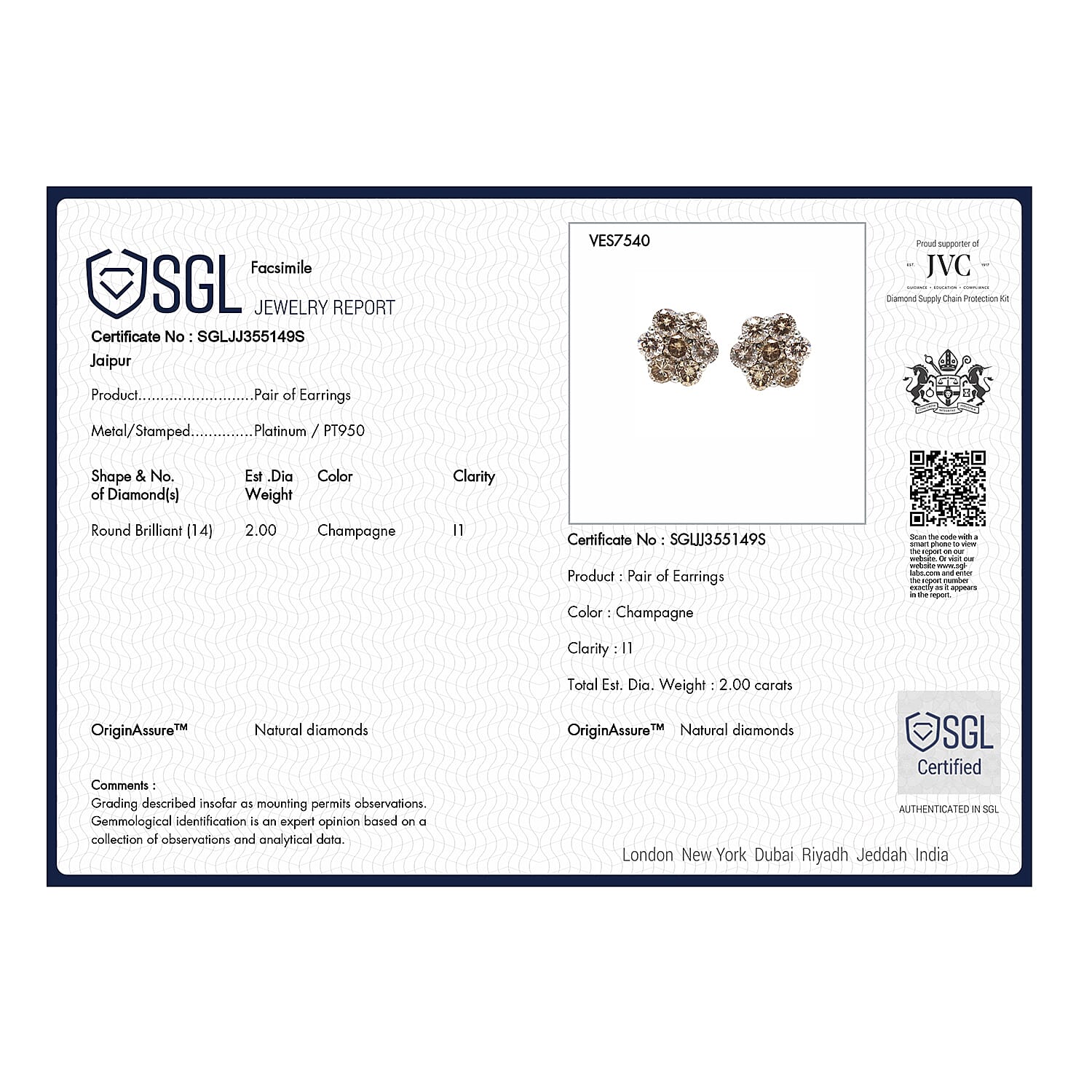 950 Platinum SGL Certified Champagne Diamond Floral Stud Earrings 2.00 Ct, Platinum Wt. 3.20 Gms