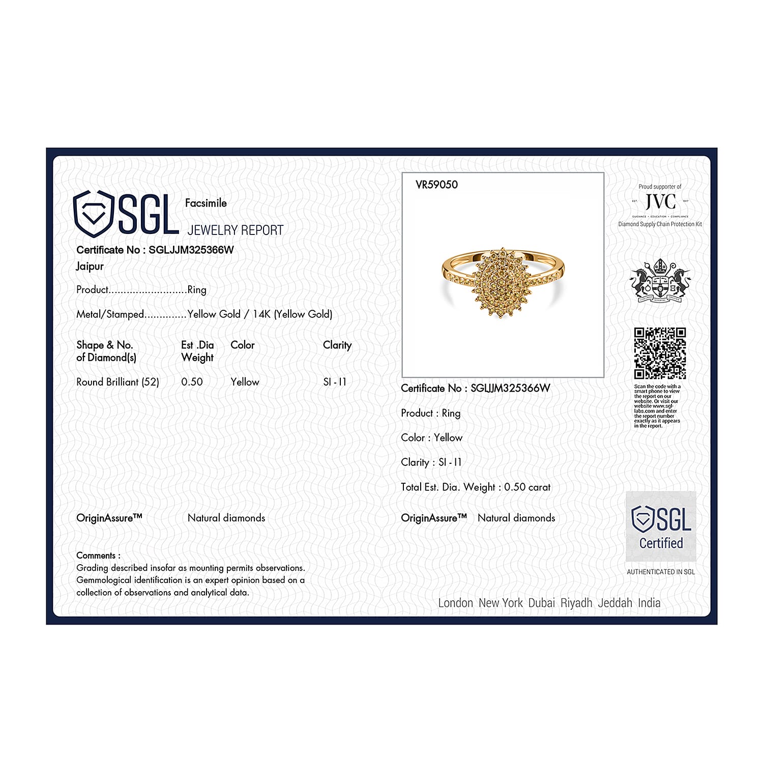 14K Yellow Gold SGL Certified Natural Yellow Diamond (SI-I1) Ring 0.50 Ct.