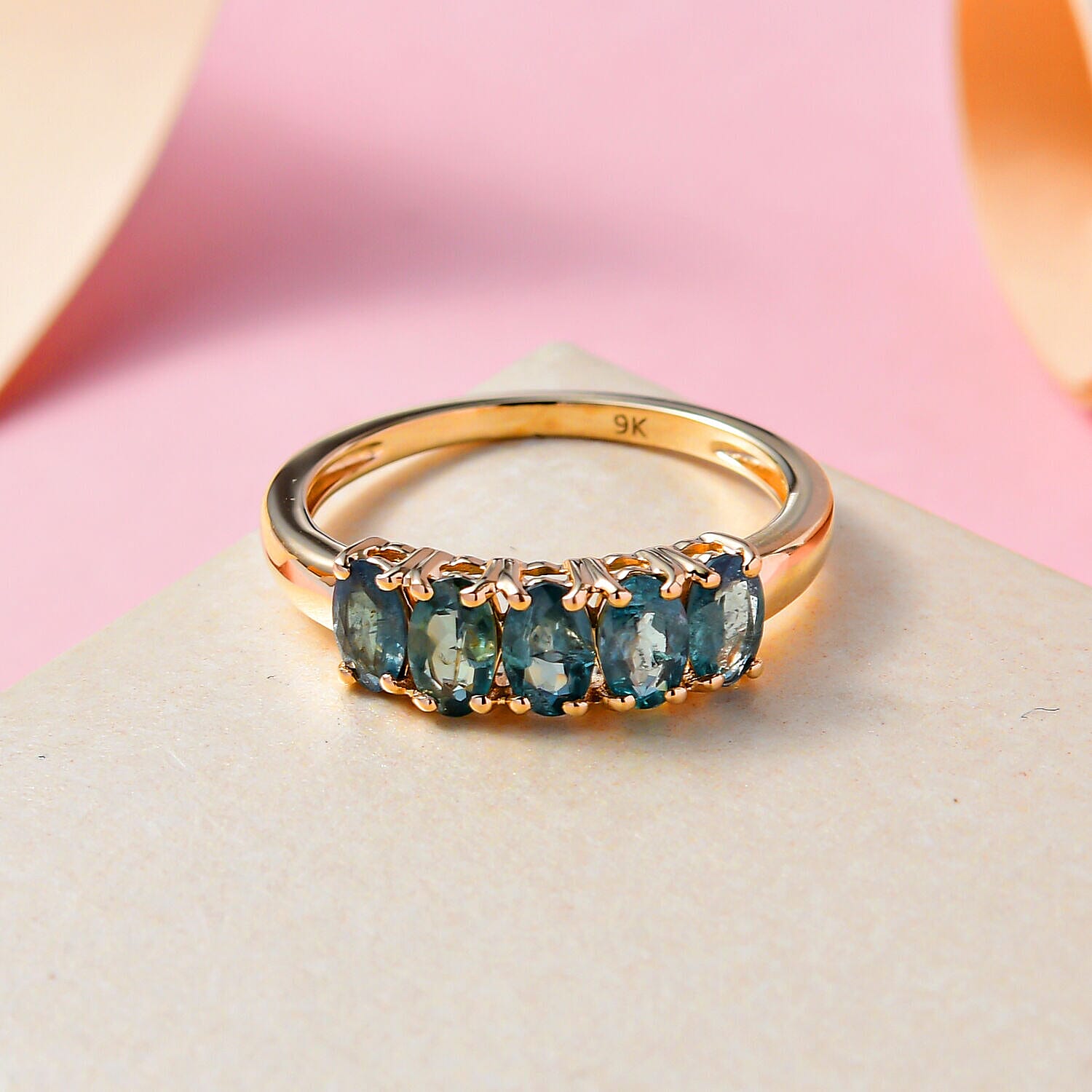 9K Yellow Gold Premium Alexandrite 5 Stone Ring 1.20 Ct.