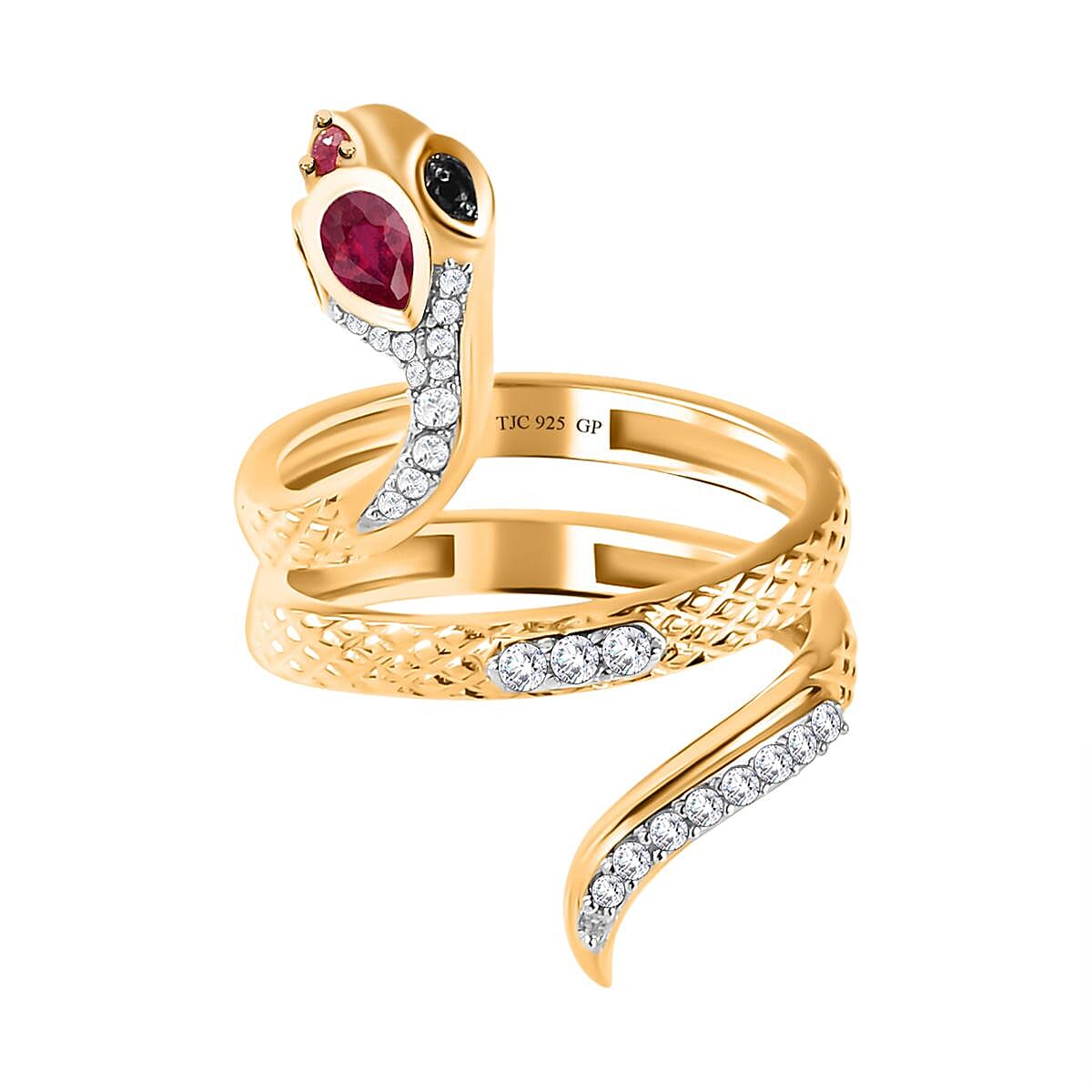 GP Italian Garden Collection - African Ruby (FF), Boi Ploi Black Spinel and Natural Cambodian Zircon Snake Ring in Vermeil Yellow Gold Overlay Sterling Silver