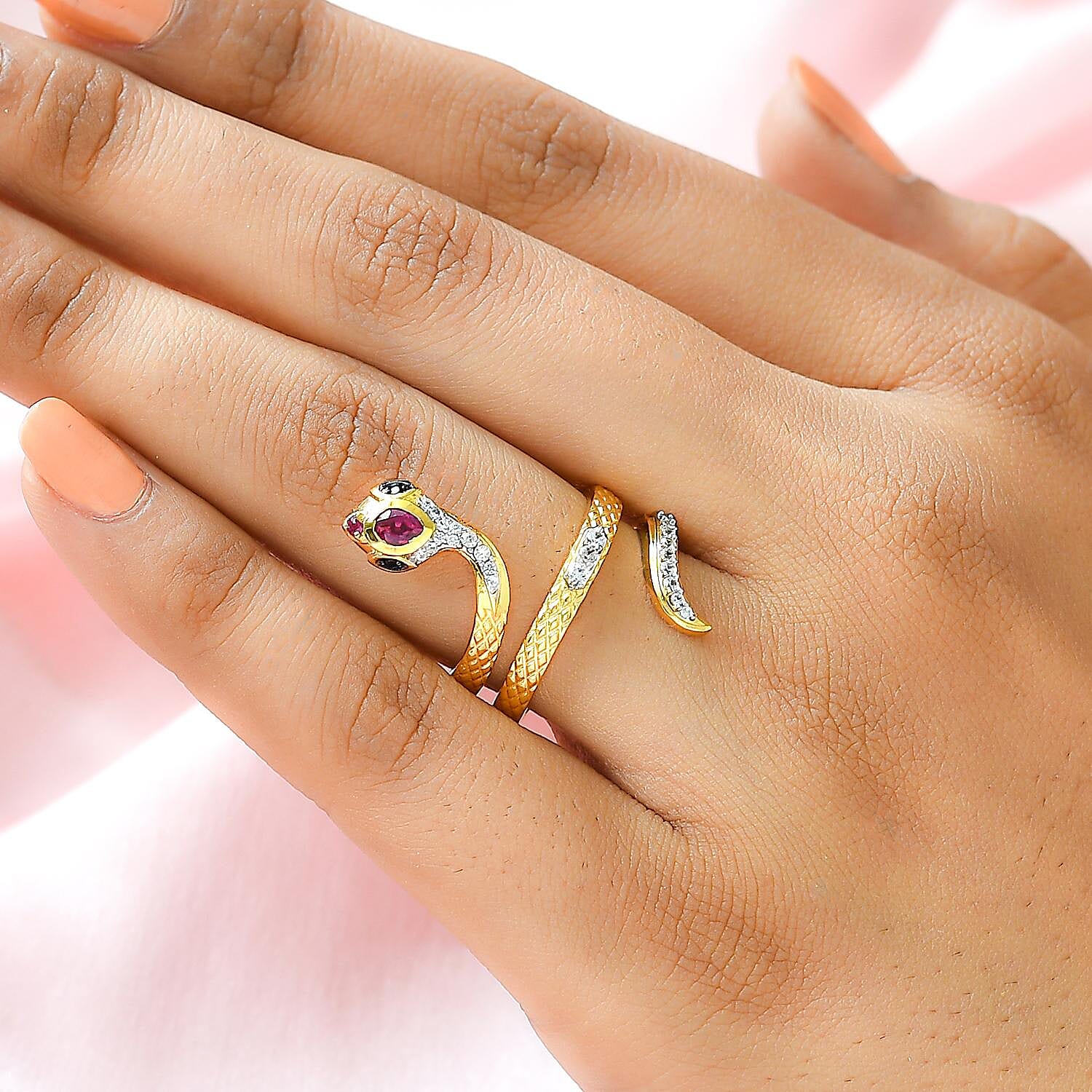 GP Italian Garden Collection - African Ruby (FF), Boi Ploi Black Spinel and Natural Cambodian Zircon Snake Ring in Vermeil Yellow Gold Overlay Sterling Silver