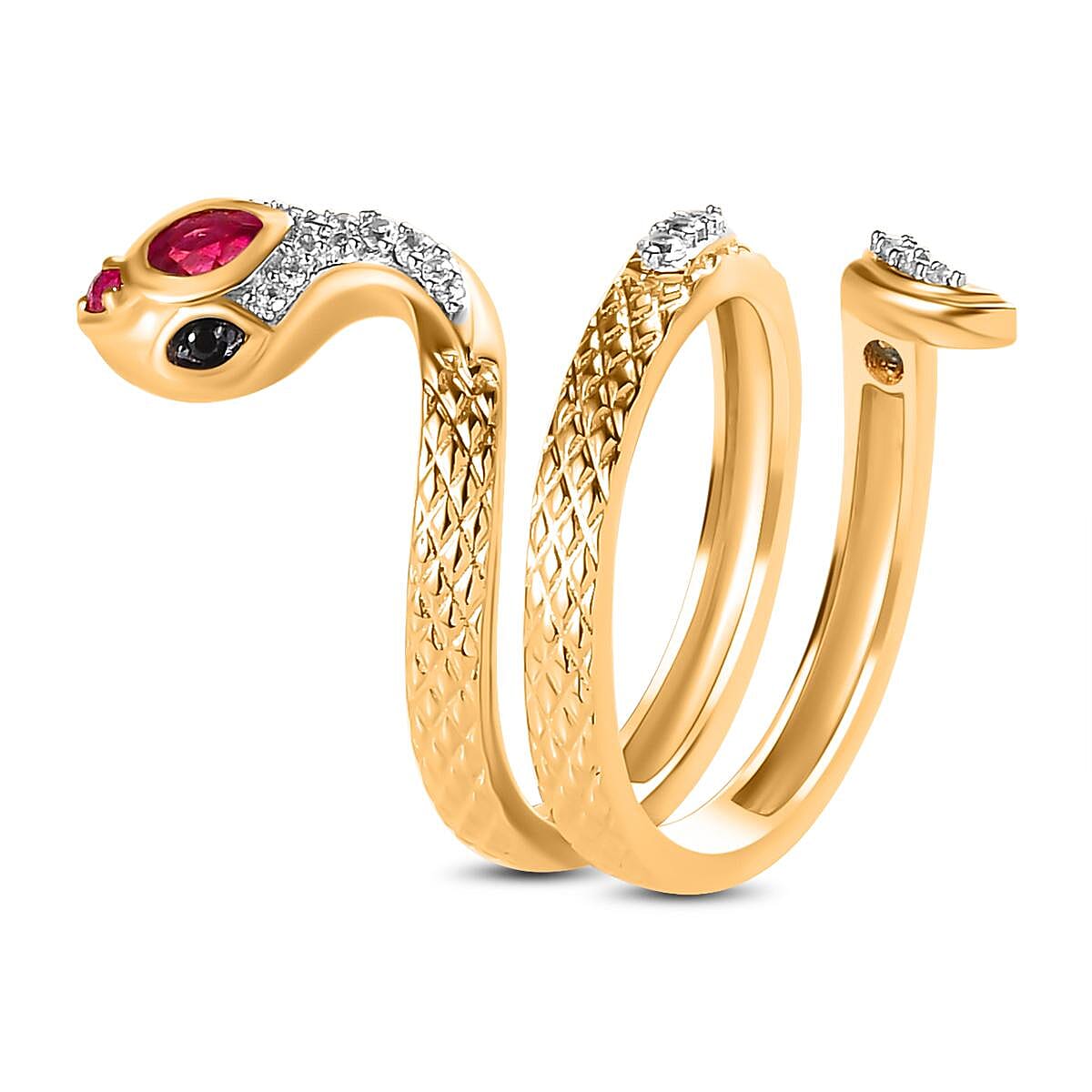GP Italian Garden Collection - African Ruby (FF), Boi Ploi Black Spinel and Natural Cambodian Zircon Snake Ring in Vermeil Yellow Gold Overlay Sterling Silver