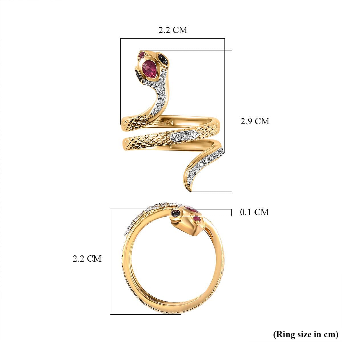 GP Italian Garden Collection - African Ruby (FF), Boi Ploi Black Spinel and Natural Cambodian Zircon Snake Ring in Vermeil Yellow Gold Overlay Sterling Silver