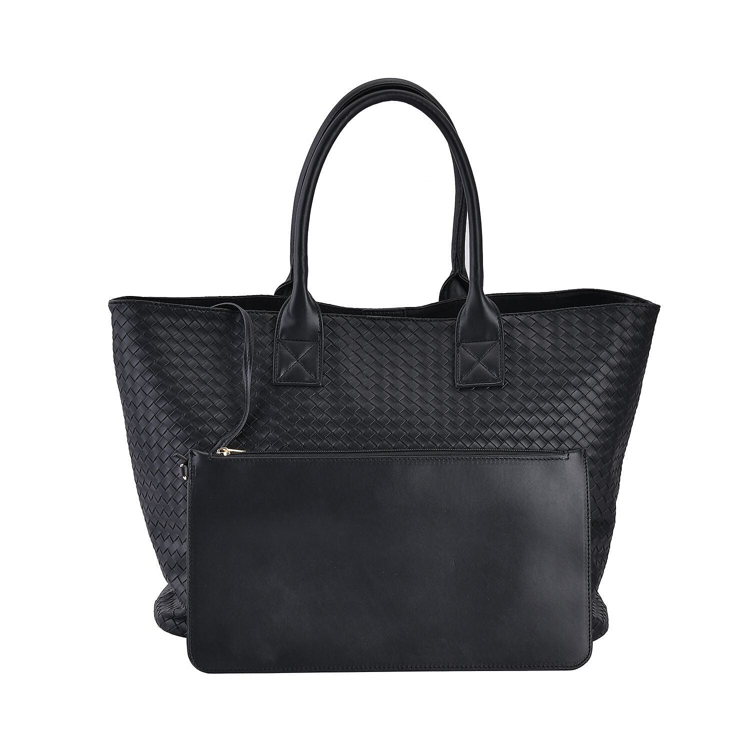 Designer Inspired Embossed Weave Tote Bag & Detachable Pouch - Black