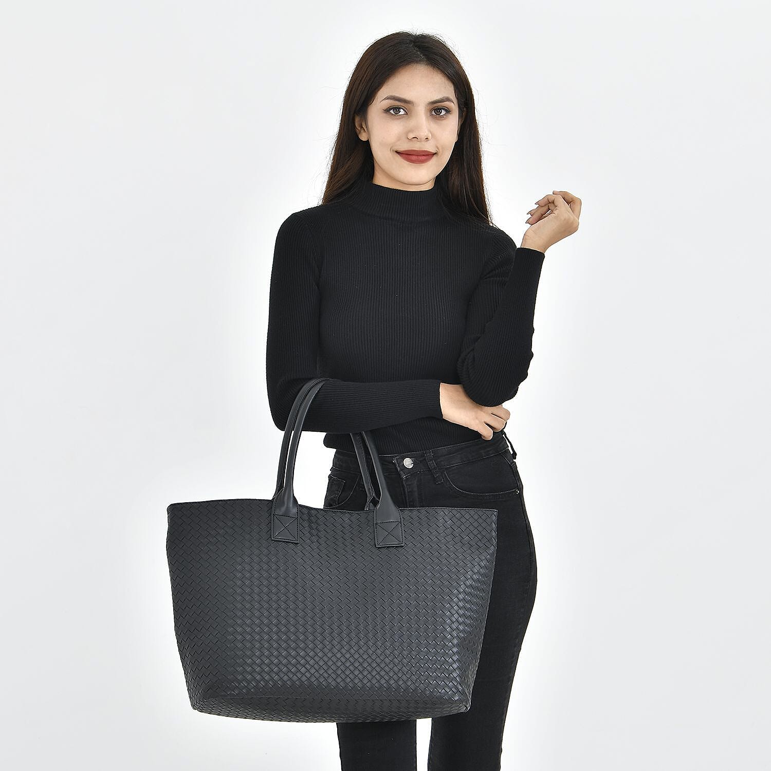 Designer Inspired Embossed Weave Tote Bag & Detachable Pouch - Black