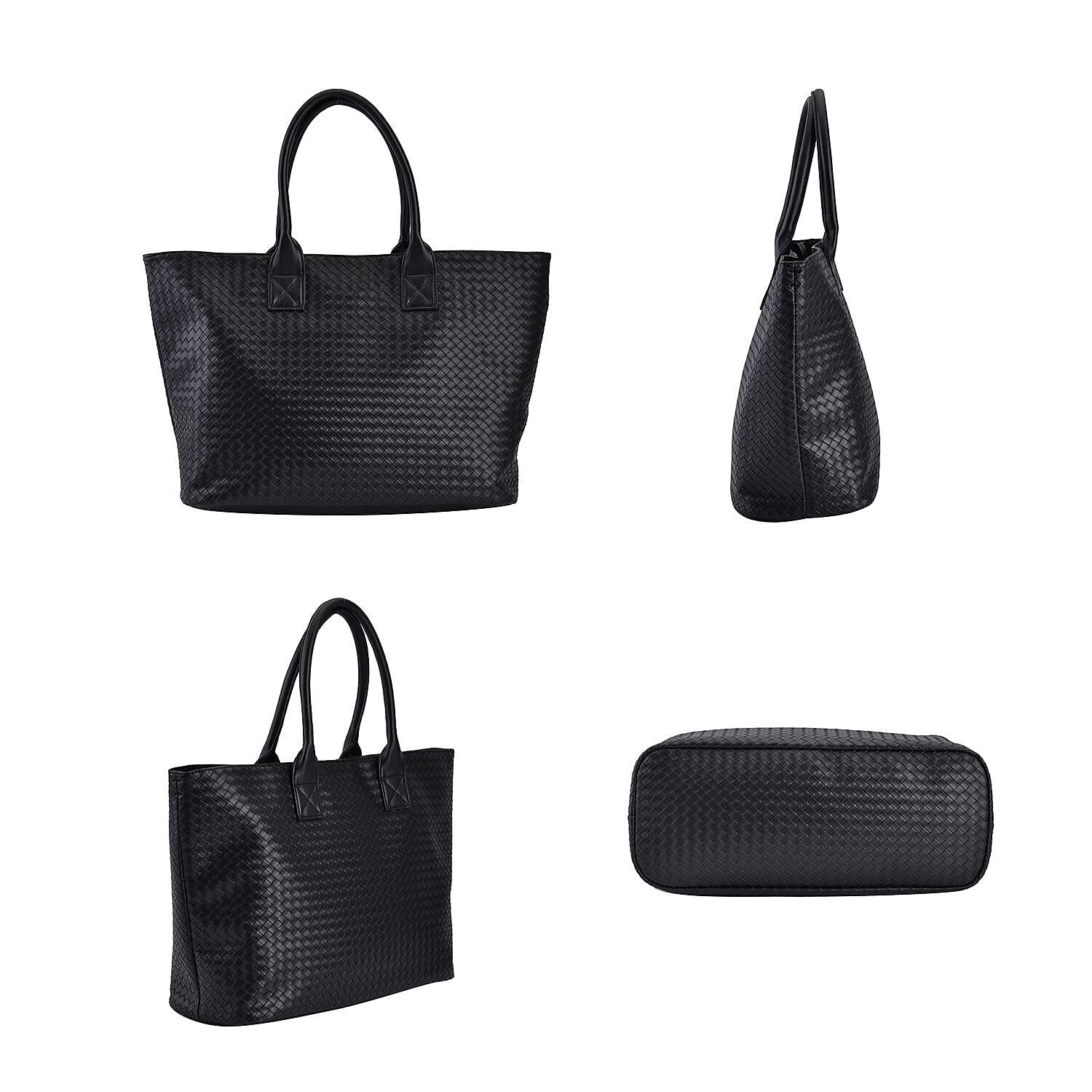 Designer Inspired Embossed Weave Tote Bag & Detachable Pouch - Black