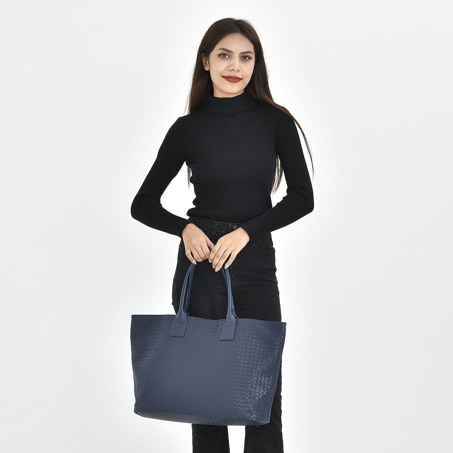 Designer Inspired Embossed Weave Tote Bag and a Detachable Pouch - Navy Blue - Black