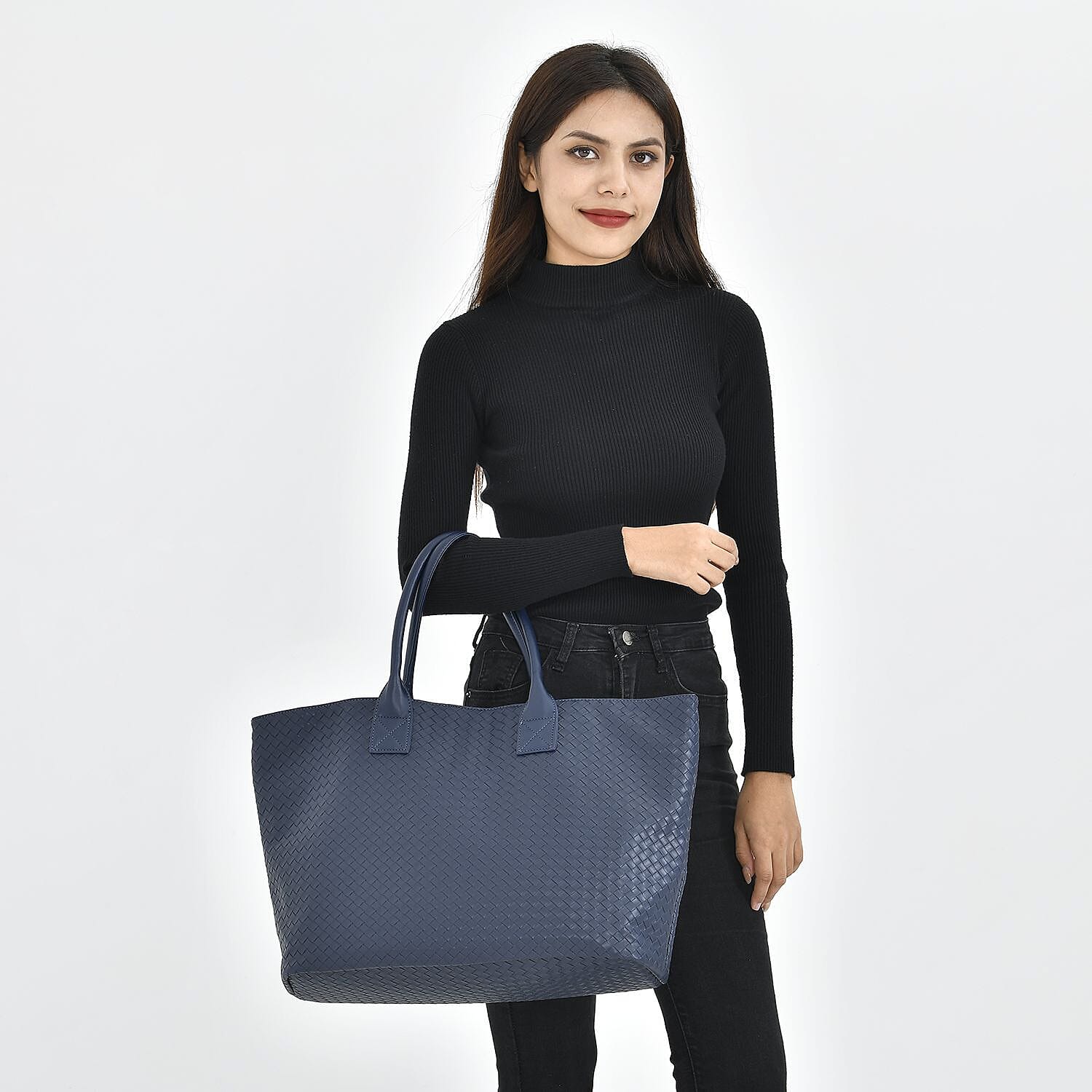 Designer Inspired Embossed Weave Tote Bag and a Detachable Pouch - Navy Blue - Black