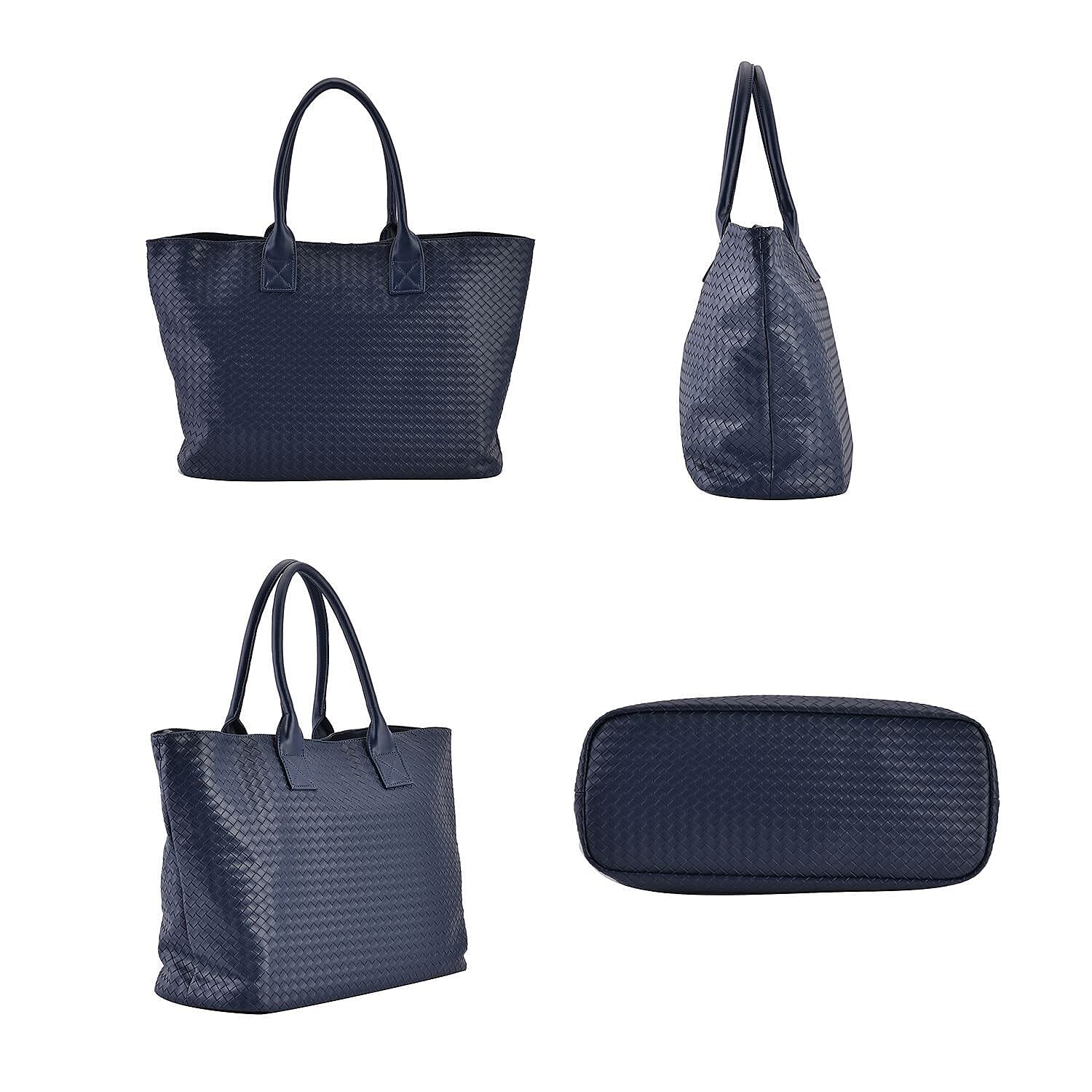 Designer Inspired Embossed Weave Tote Bag and a Detachable Pouch - Navy Blue - Black