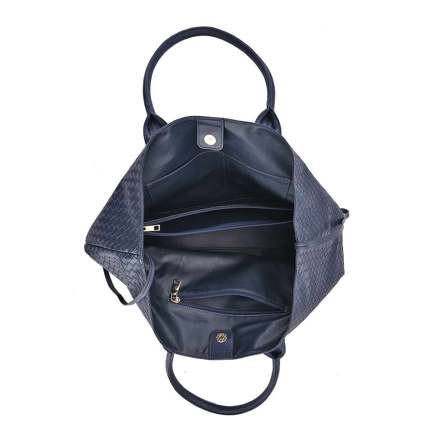 Designer Inspired Embossed Weave Tote Bag and a Detachable Pouch - Navy Blue - Black