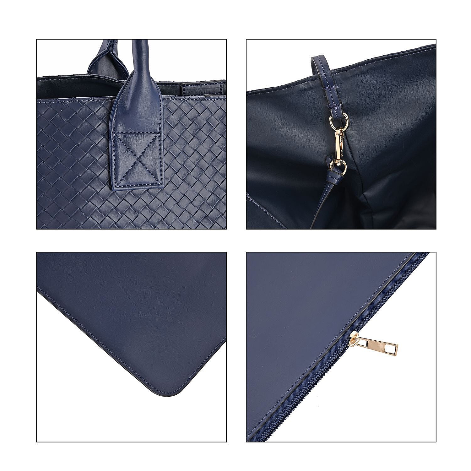 Designer Inspired Embossed Weave Tote Bag and a Detachable Pouch - Navy Blue - Black