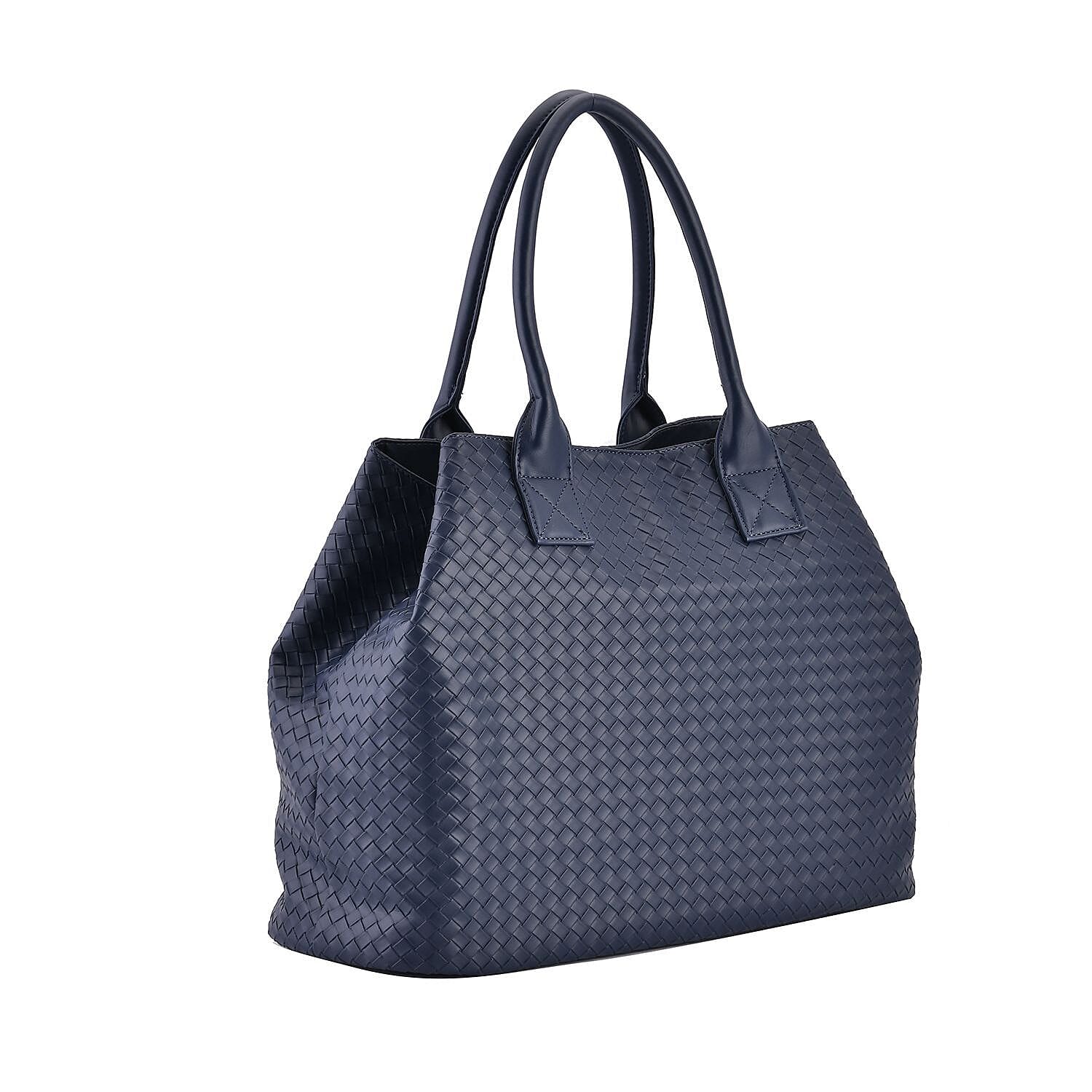 Designer Inspired Embossed Weave Tote Bag and a Detachable Pouch - Navy Blue - Black
