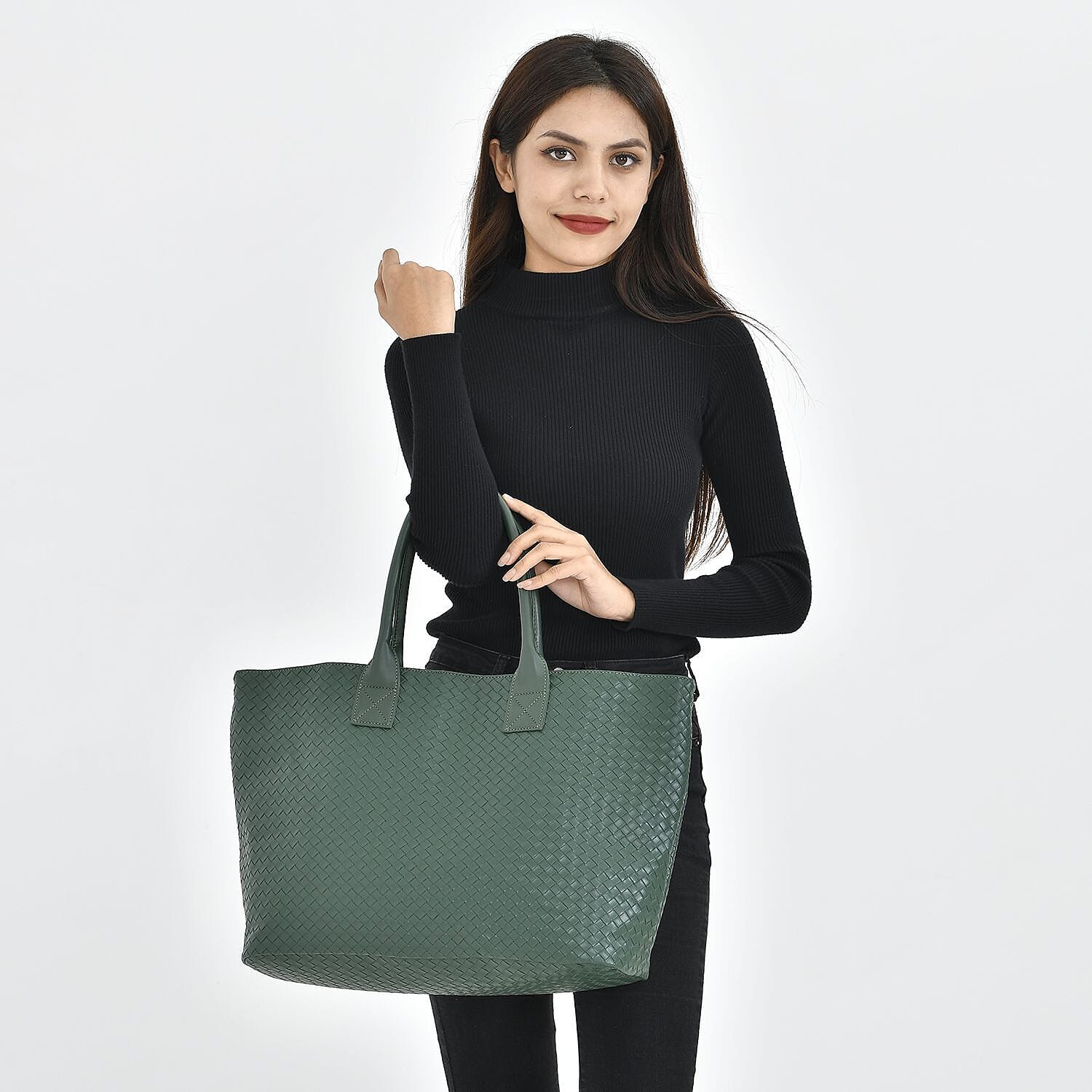 Designer Inspired  Embossed Weave Tote Bag and a Detachable Pouch - Green