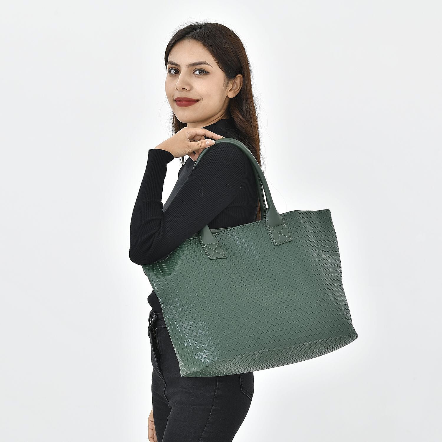 Designer Inspired  Embossed Weave Tote Bag and a Detachable Pouch - Green
