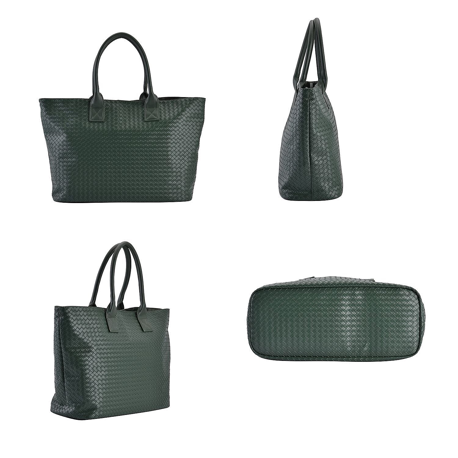 Designer Inspired  Embossed Weave Tote Bag and a Detachable Pouch - Green