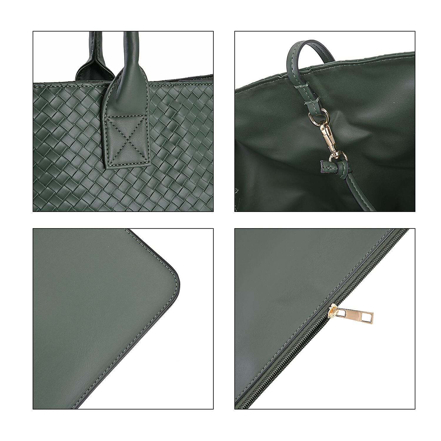 Designer Inspired  Embossed Weave Tote Bag and a Detachable Pouch - Green