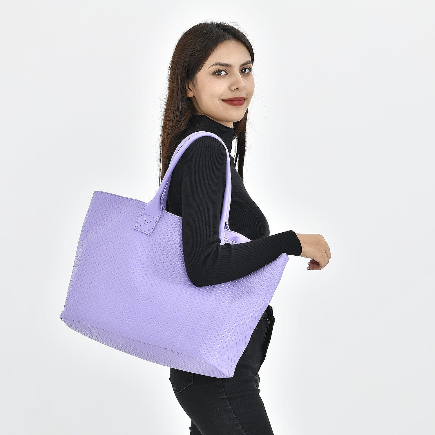 Designer Inspired Embossed Weave Tote Bag and a Detachable Pouch - Purple