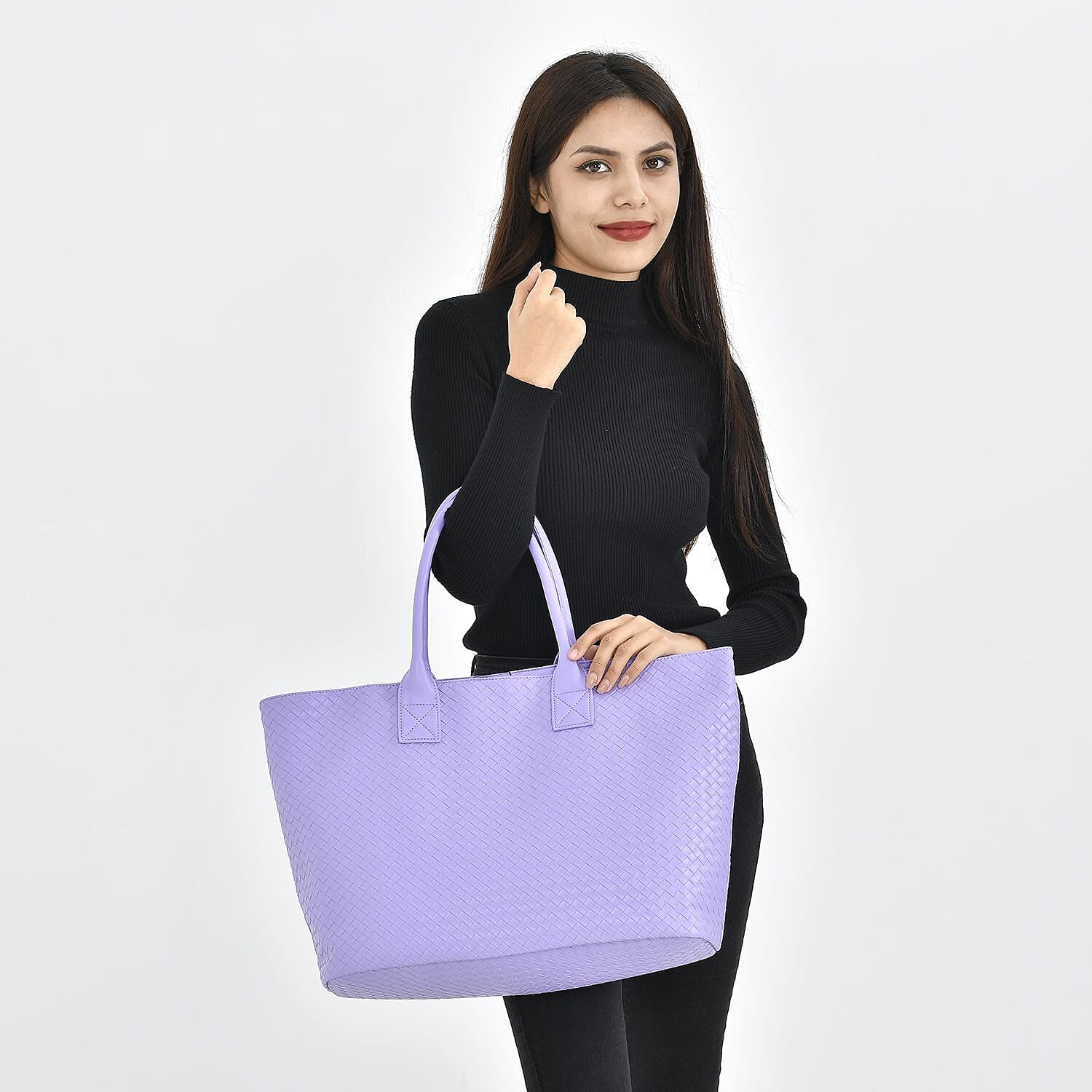 Designer Inspired Embossed Weave Tote Bag and a Detachable Pouch - Purple