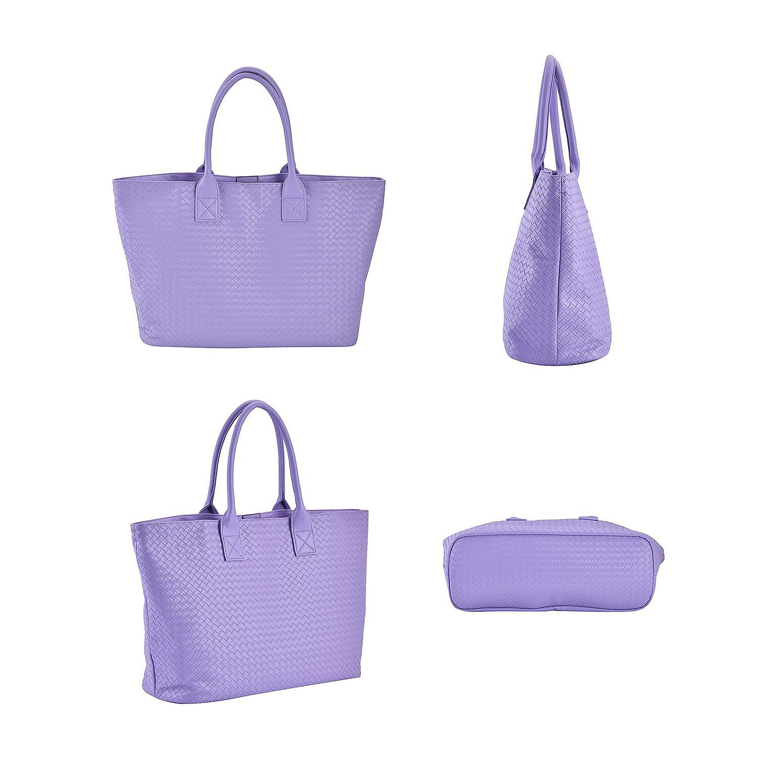 Designer Inspired Embossed Weave Tote Bag and a Detachable Pouch - Purple