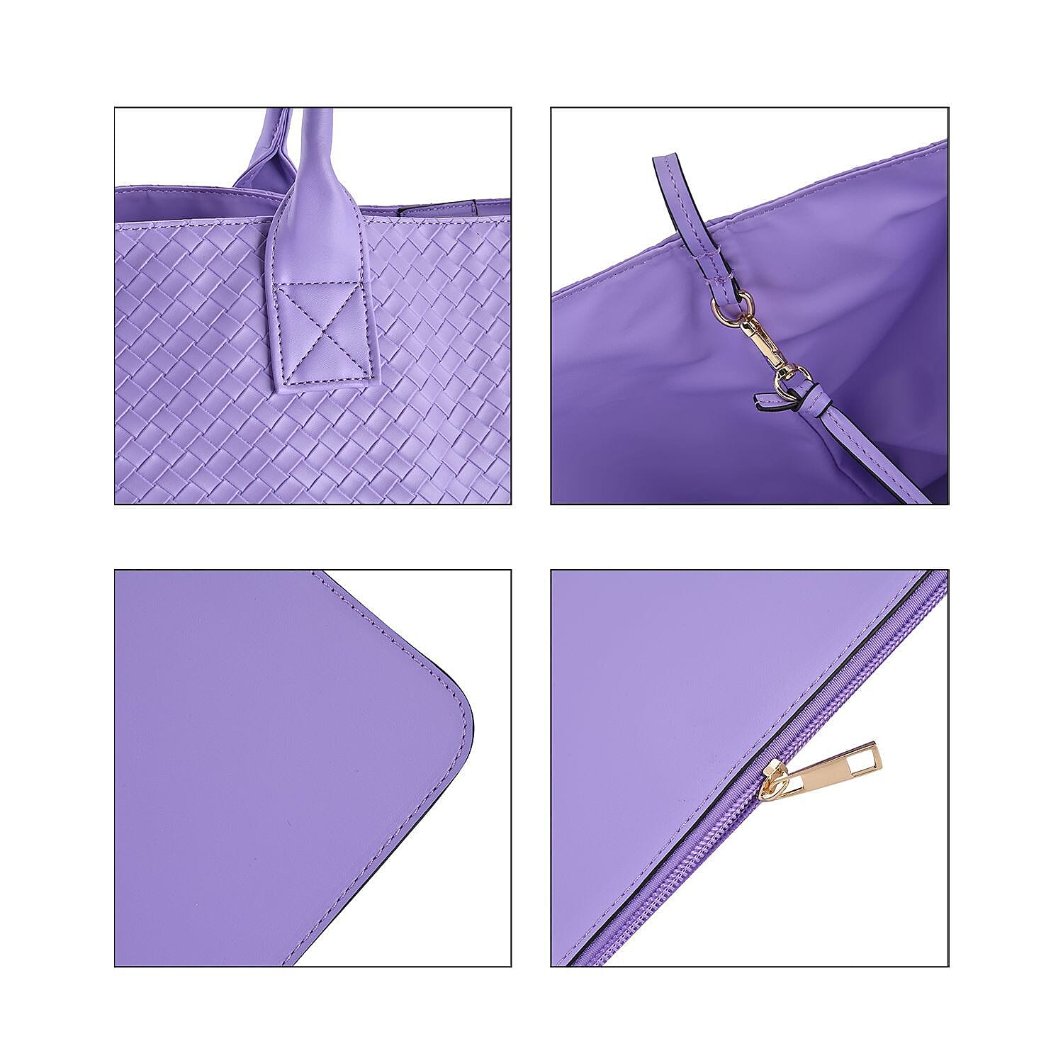 Designer Inspired Embossed Weave Tote Bag and a Detachable Pouch - Purple