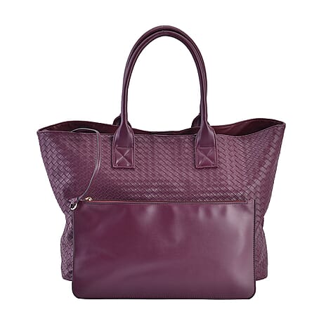 Designer Inspired Embossed Weave Tote Bag and a Detachable Pouch - Burgundy