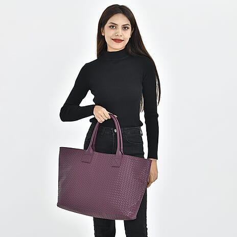 Designer Inspired Embossed Weave Tote Bag and a Detachable Pouch - Burgundy