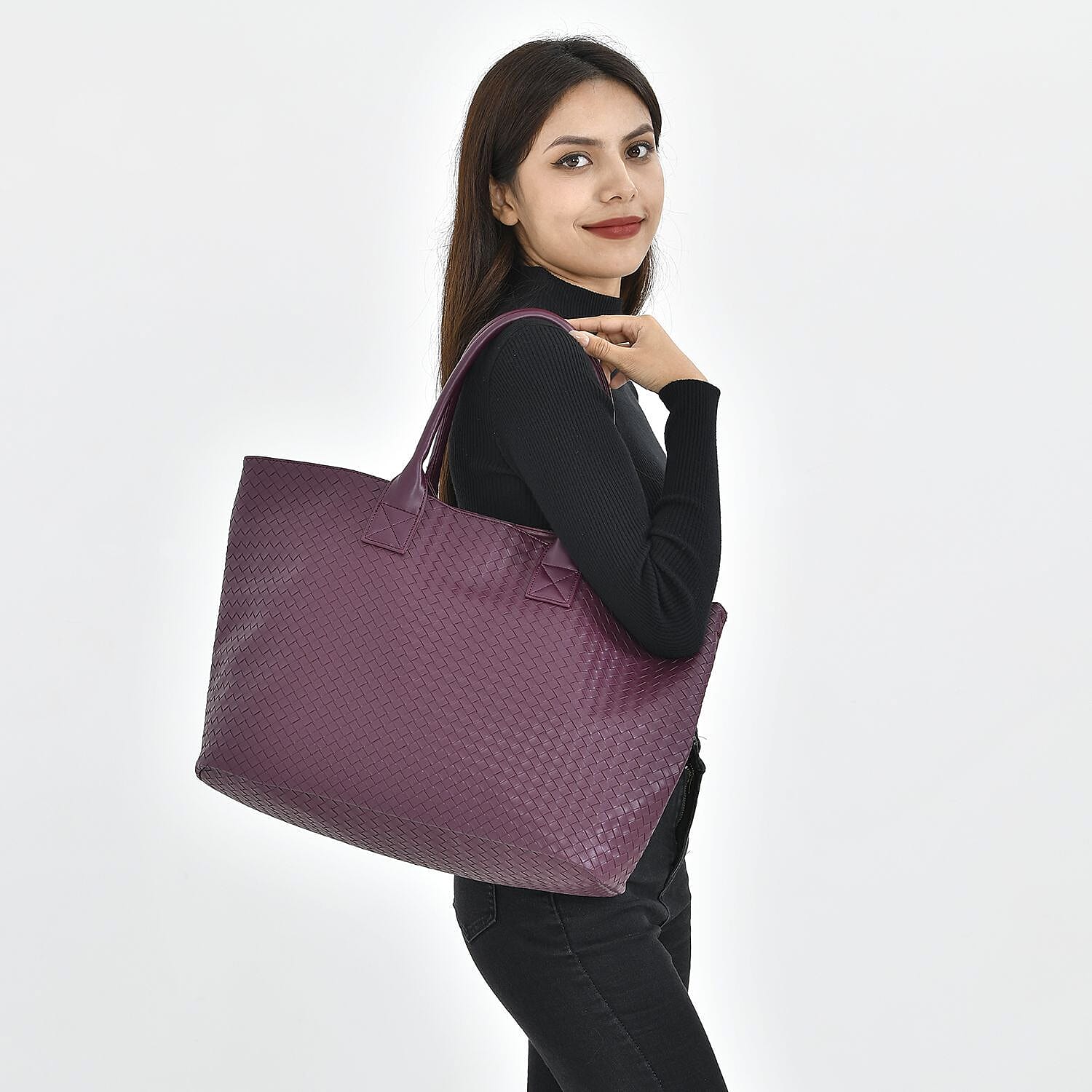 Designer Inspired Embossed Weave Tote Bag and a Detachable Pouch - Burgundy