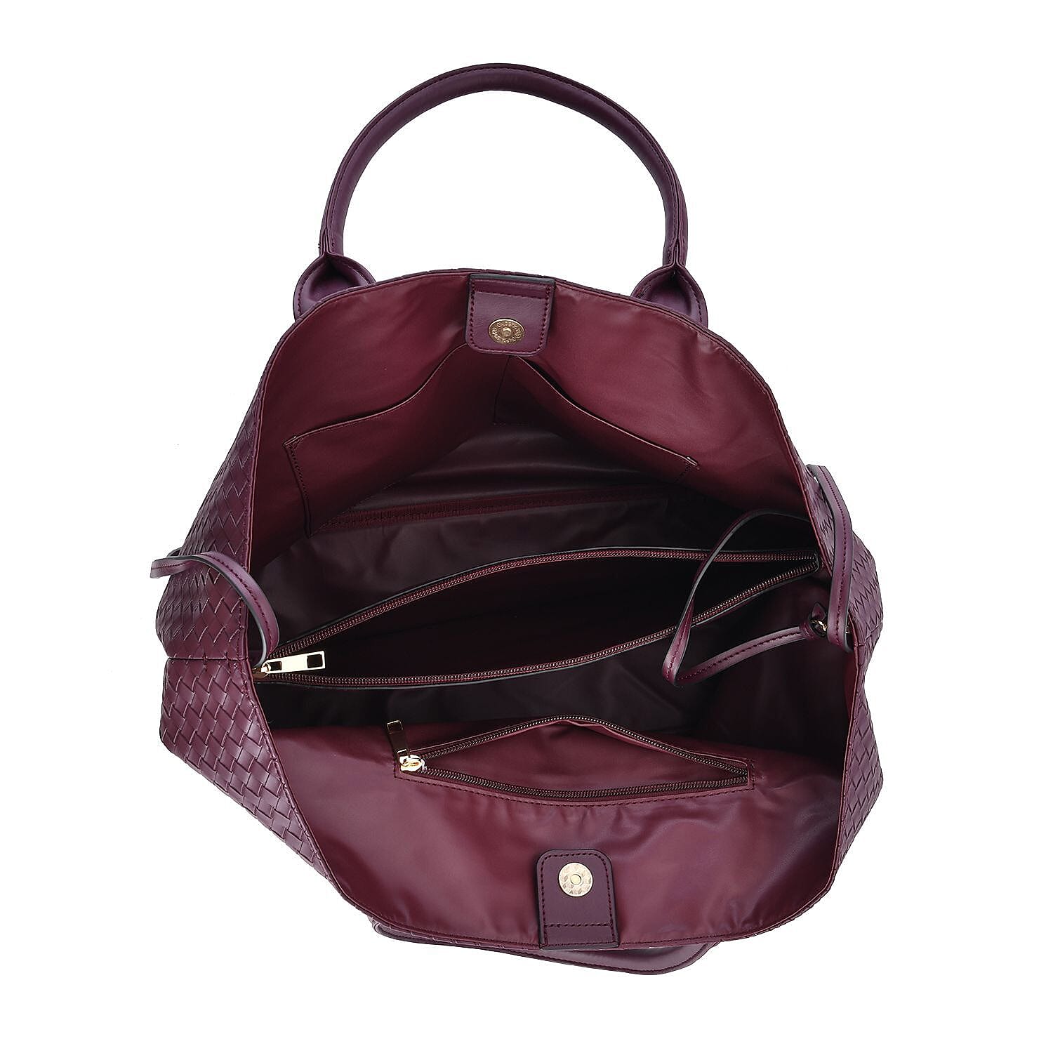 Designer Inspired Embossed Weave Tote Bag and a Detachable Pouch - Burgundy