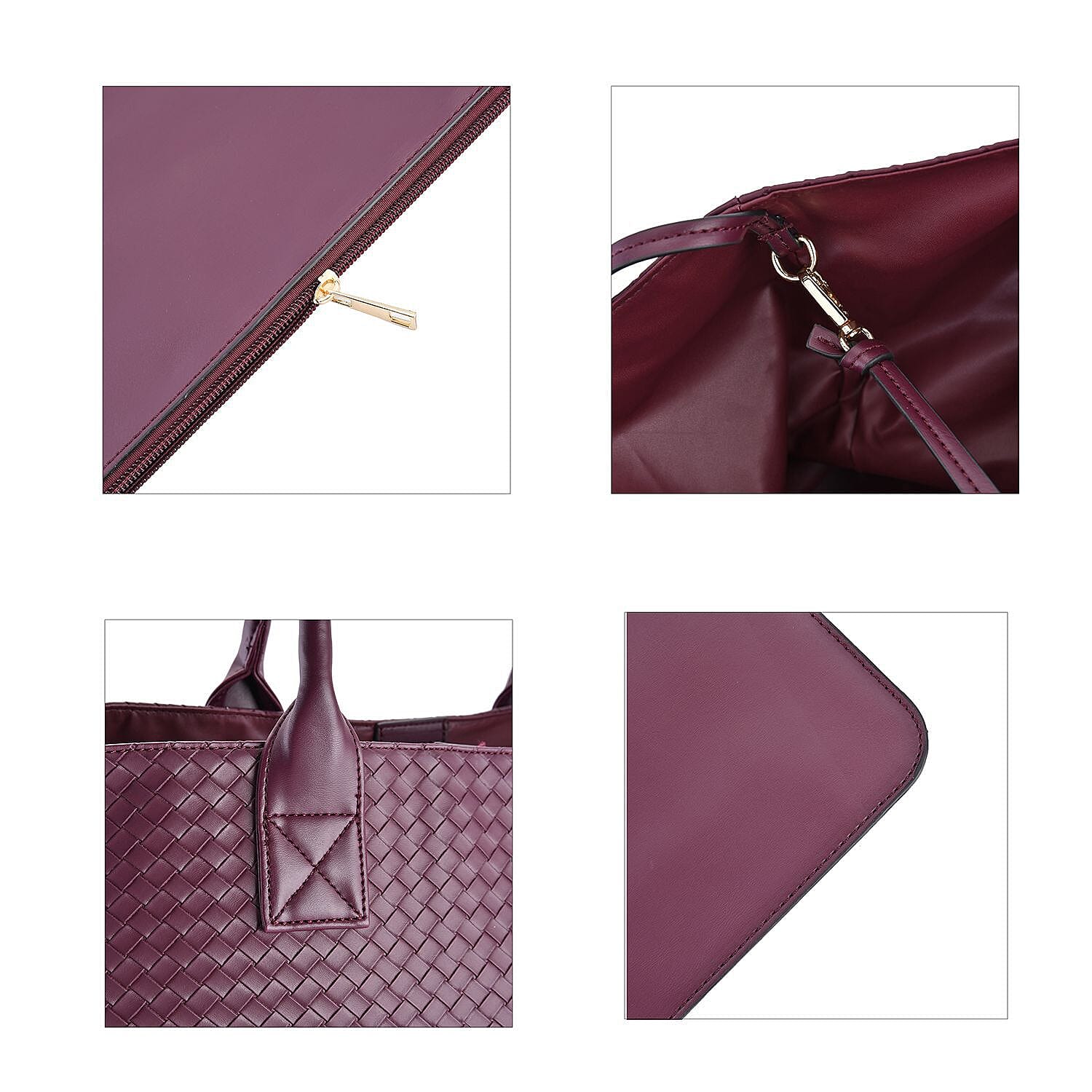 Designer Inspired Embossed Weave Tote Bag and a Detachable Pouch - Burgundy