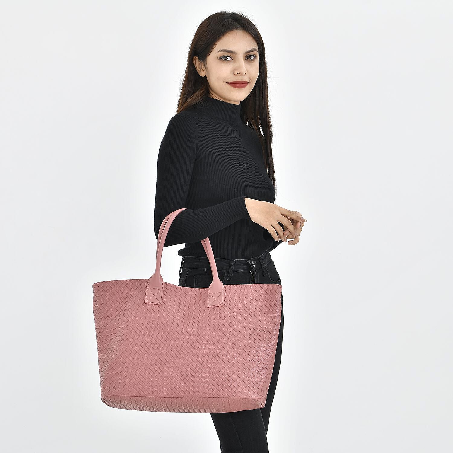 Designer Inspired Embossed Weave Tote Bag and a Detachable Pouch - Pink