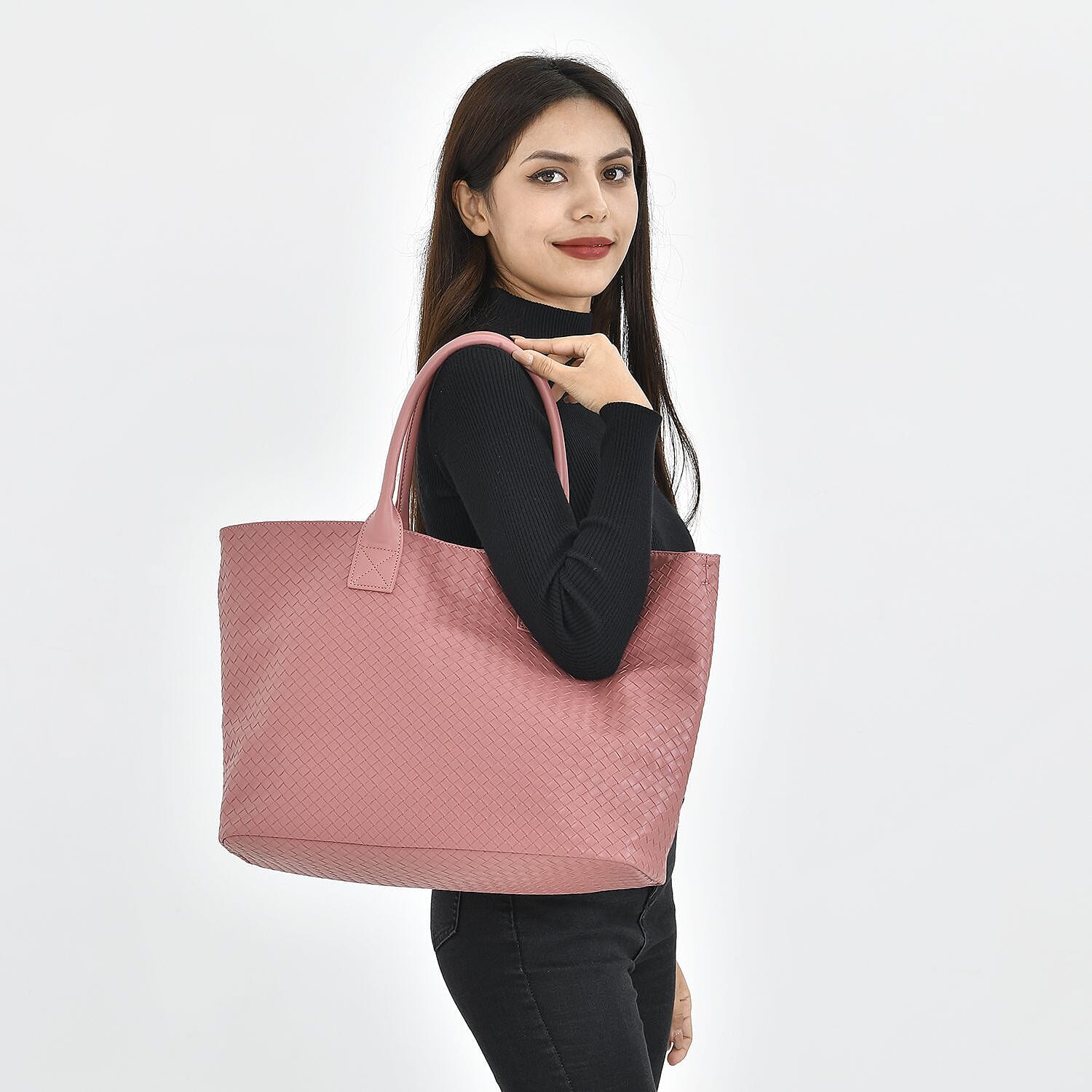Designer Inspired Embossed Weave Tote Bag and a Detachable Pouch - Pink